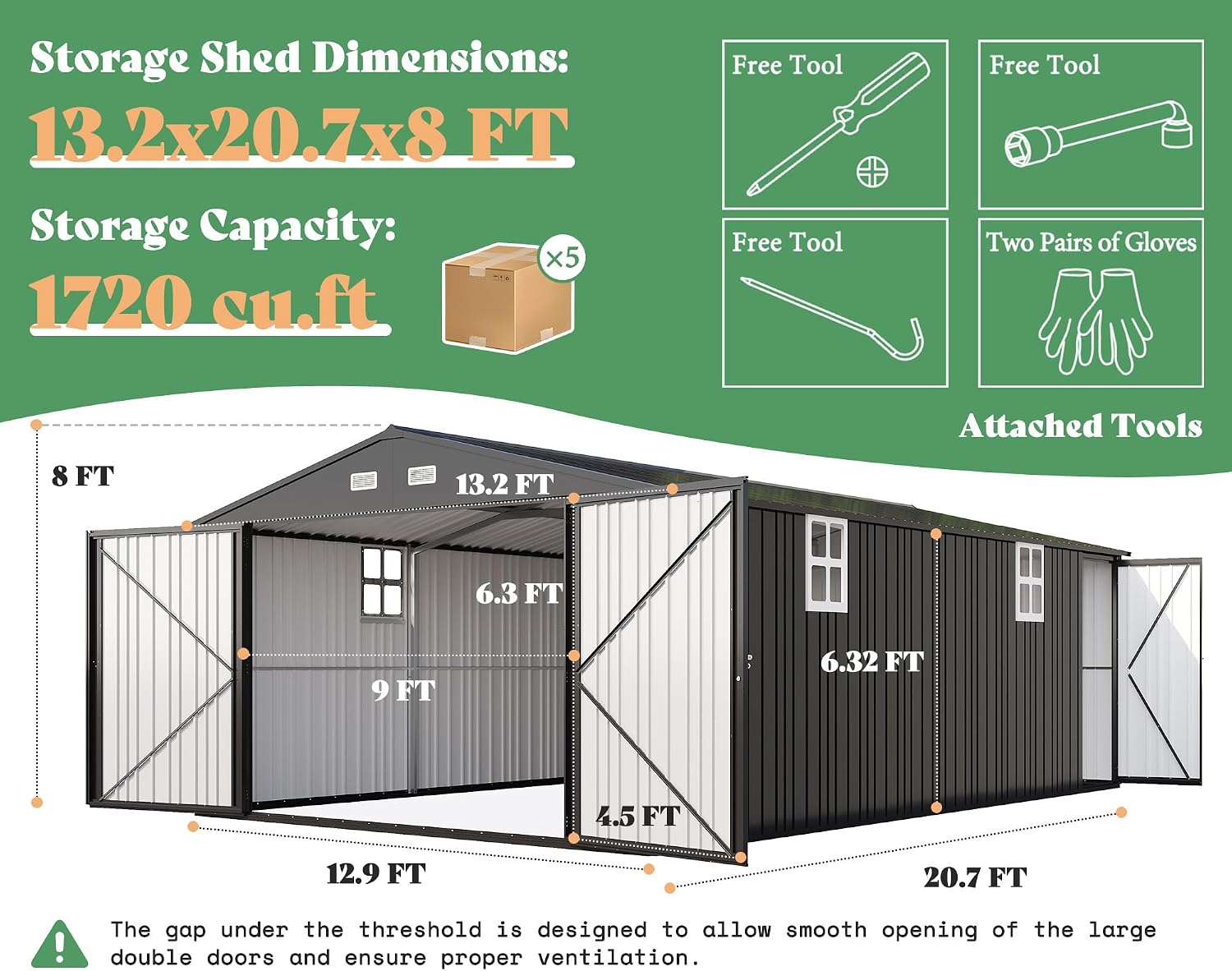 AMERLIFE 13x21x8 FT Outdoor Metal Garage Shed, Extra Large Storage Shed with Double Hinged Doors, 4 Windows, Heavy Duty Carport for Cars, Boats, Trucks and Equipment Storage, Dark Gray