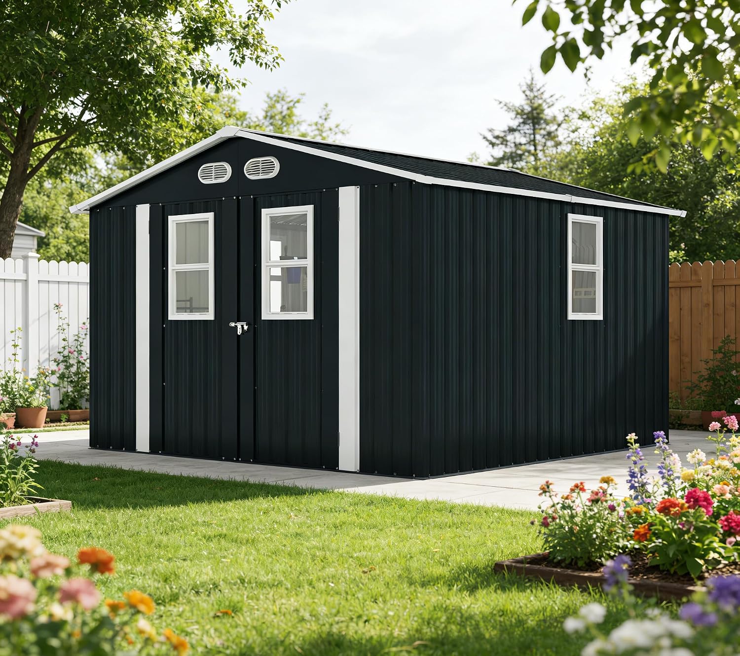 8x8 FT Outdoor Storage Shed:Heavy-Duty Metal Garden Sheds & Outdoor Storage Solution with 4 Daylight Windows,Lockable Doors,Waterproof&UV-Resistant,Shed for Backyard Tool Storage (Dark Gray)