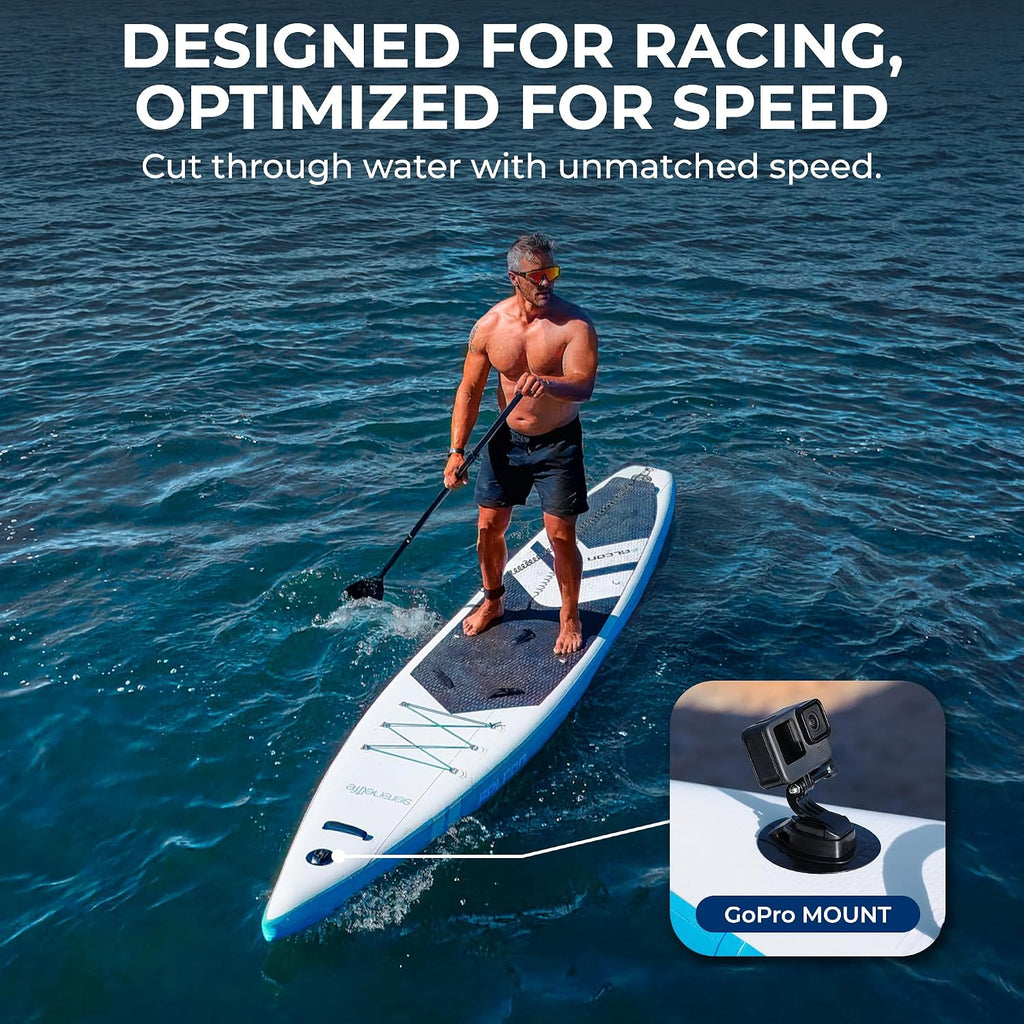 SereneLife 14' Inflatable Stand Up Paddle Board for Racing – 28' Narrow Design for Expert Paddlers with Non-Slip EVA Deck Pad, Includes Premium SUP Accessories and GoPro Mount, for Youth and Adults