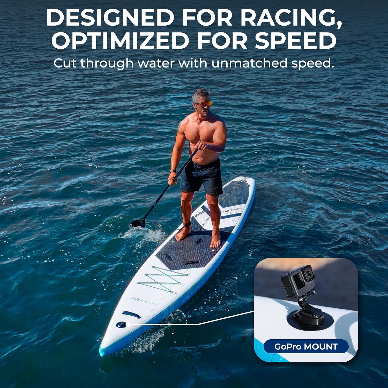 SereneLife 14' Inflatable Stand Up Paddle Board for Racing – 28' Narrow Design for Expert Paddlers with Non-Slip EVA Deck Pad, Includes Premium SUP Accessories and GoPro Mount, for Youth and Adults