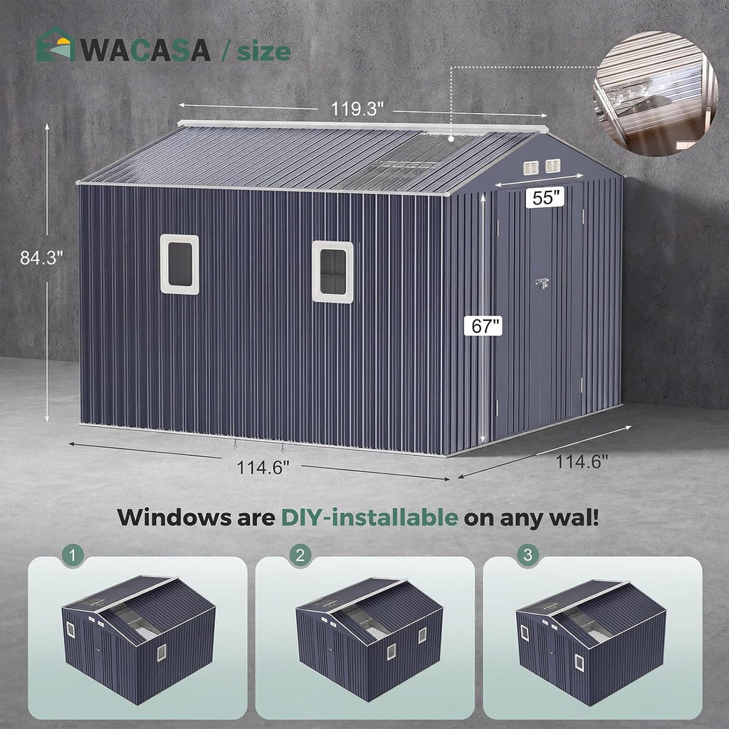 10x10 FT Metal Shed Heavy-Duty | Military-Grade 20-Gauge Reinforced Frame with Powder Coating | 50 PSF Snow Load & 120 MPH Wind Rated | Garden Tool Skylight Building