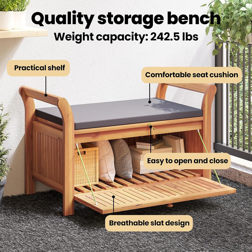 vidaXL Garden Storage Bench, Solid Acacia Wood, Gray Cushion Included, Classic Outdoor Design, Patio & Garden Seating, 35.8' x 19.7' x 23.6', Patio & Deck Organizer, Durable Wooden Furniture