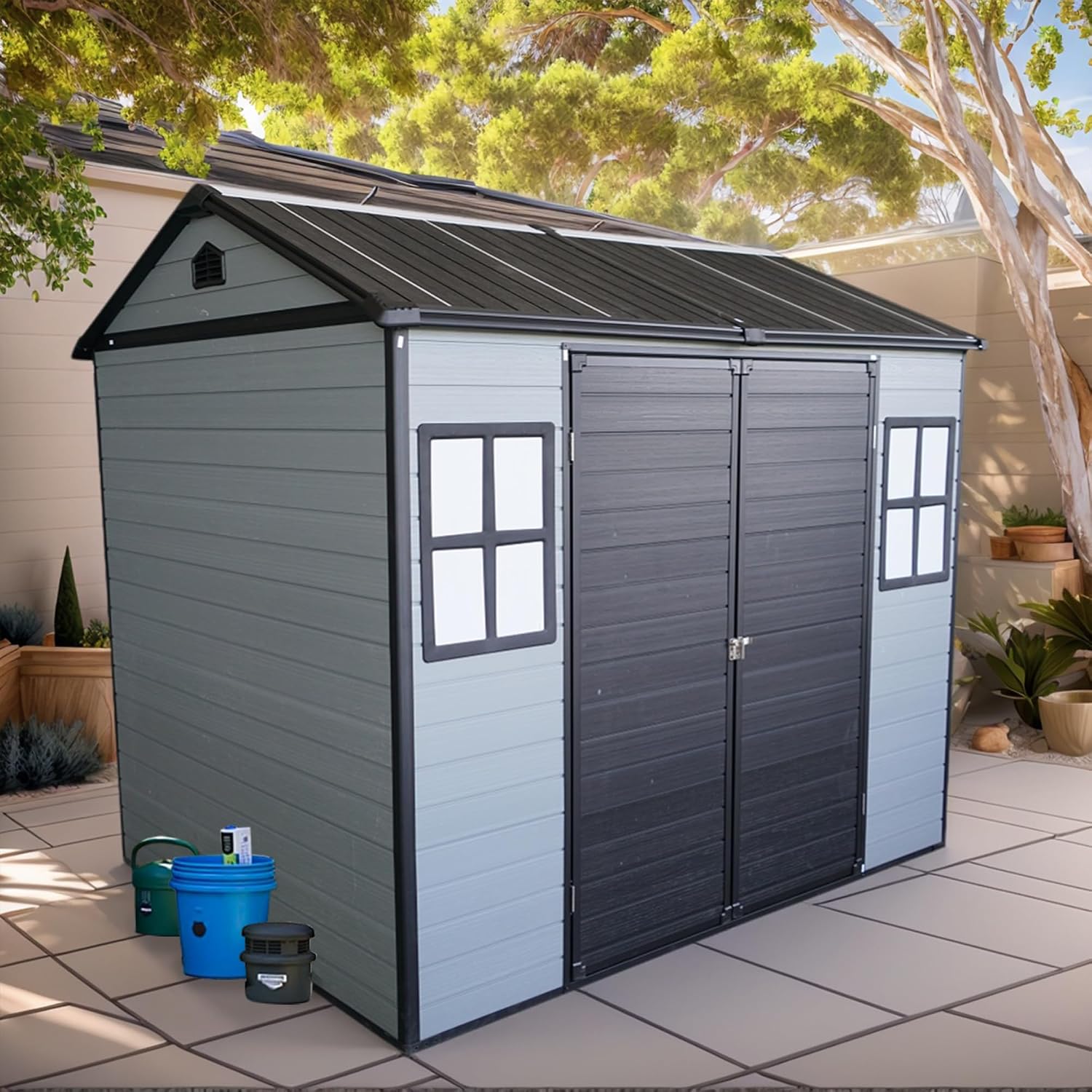 KEIKI 8x6 FT Outdoor Resin Garden Shed with Floor & 2 Windows, Waterproof Tool Storage Shed with Lockable Door for Garden Tools, Bicycles, Trash Cans, Grey+Black