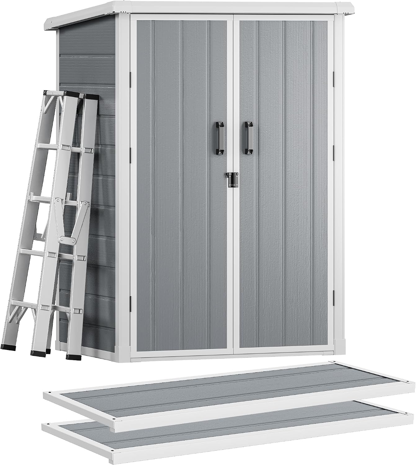 DWVO Outdoor Tall Storage Shed 60 Cuft with 2 Shelves, 5X3FT Vertical Tool Shed with Floor & Lockable Doors, Sturdy Double-Wall Plastic Cabinet for Garbage Cans and Garden Storage