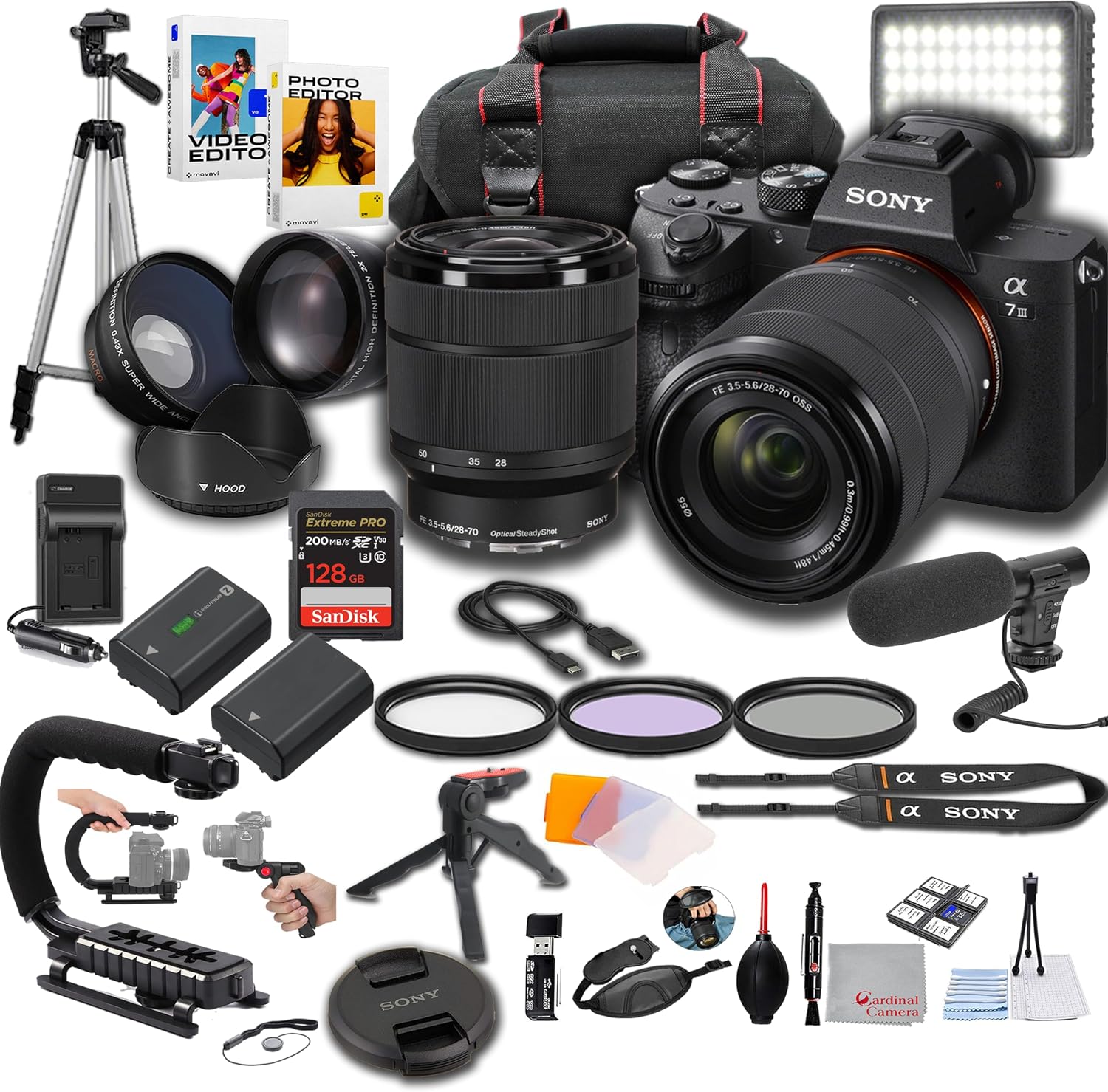 Sony a7 III Mirrorless Digital Camera 24MP w/ 28-70mM Lens, 128GB Extreme Memory,Microphone, 120LED Video Light, Filters, Case Tripod, Grip, and More – Pro Photo Bundle (44pc Bundle)