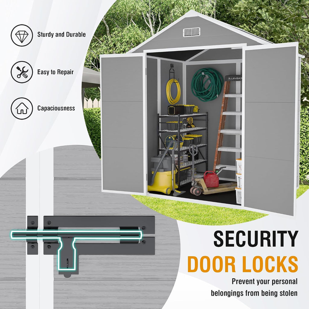 Resin Storage Shed 6x5ft, Outdoor Storage Sheds with Floor, HD Window, Lockable Doors and Vents, Tool Shed for Bike, Garden, Backyard,Lawn, All Weather Use (Grey, 6 * 5ft)