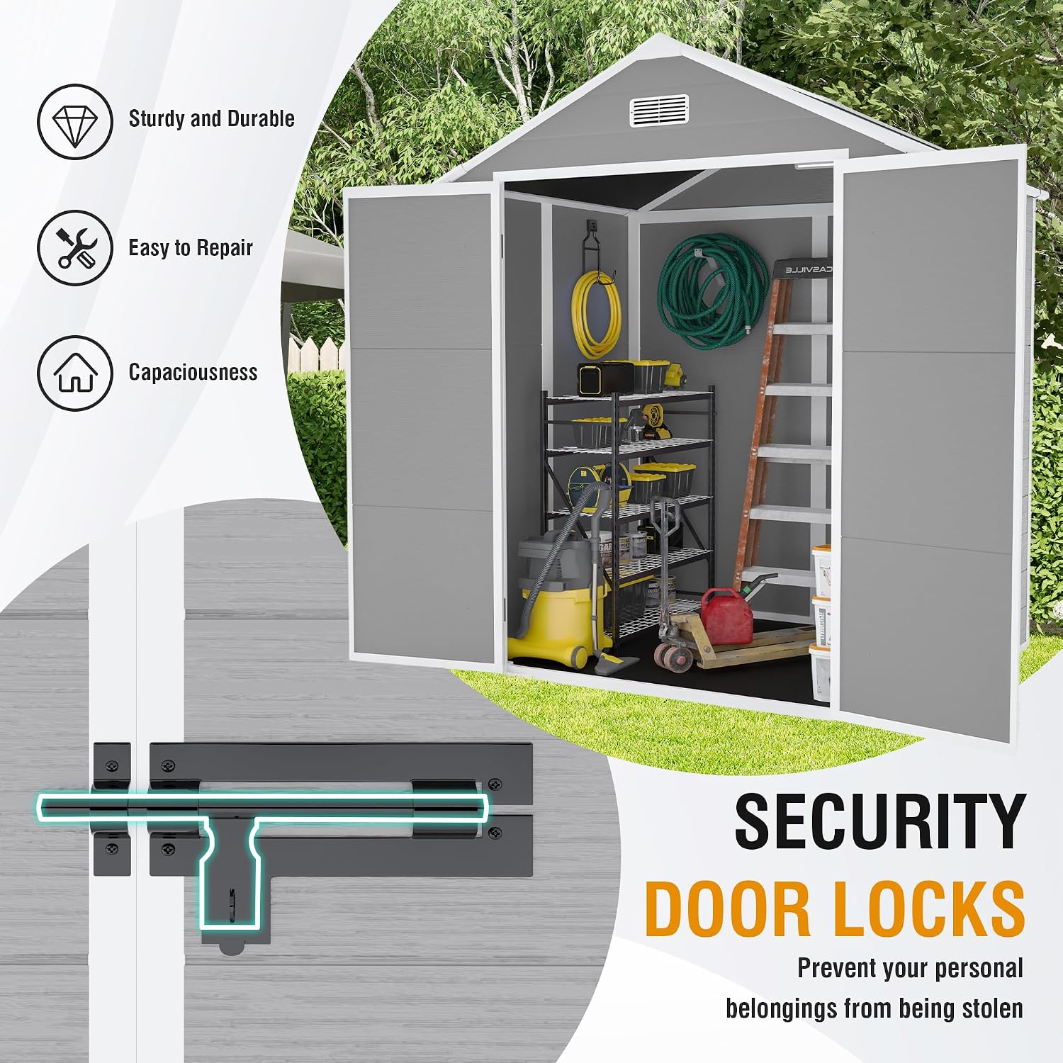 Resin Storage Shed 6x5ft, Outdoor Storage Sheds with Floor, HD Window, Lockable Doors and Vents, Tool Shed for Bike, Garden, Backyard,Lawn, All Weather Use (Grey, 6 * 5ft)