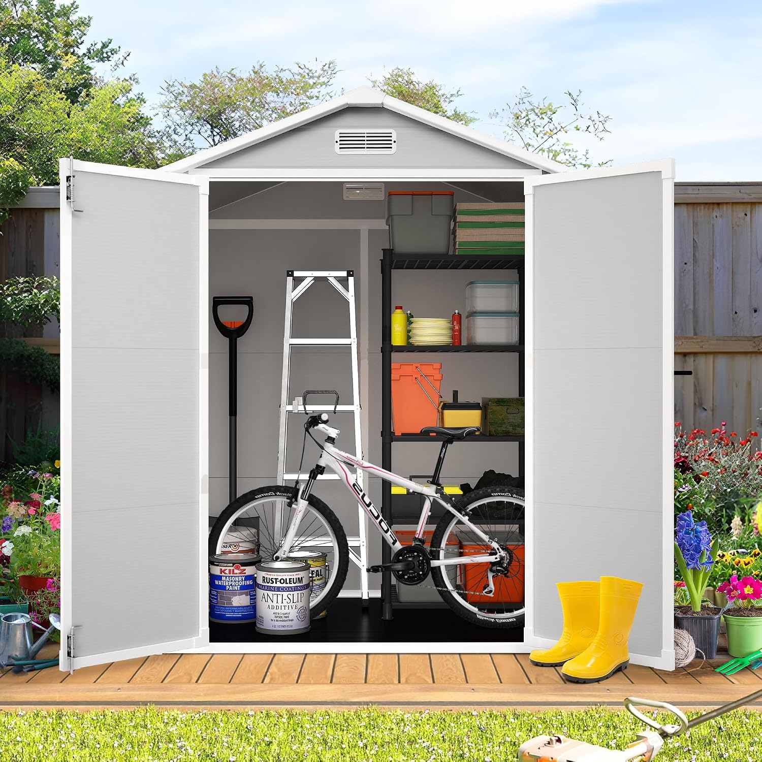 HUGROVE 6×4ft Outdoor Storage Shed with Floor, Waterproof & UV-Resistant Resin Garden Shed for Backyard with Lockable Double Doors, Air Vents & Side Window (Light Gray)