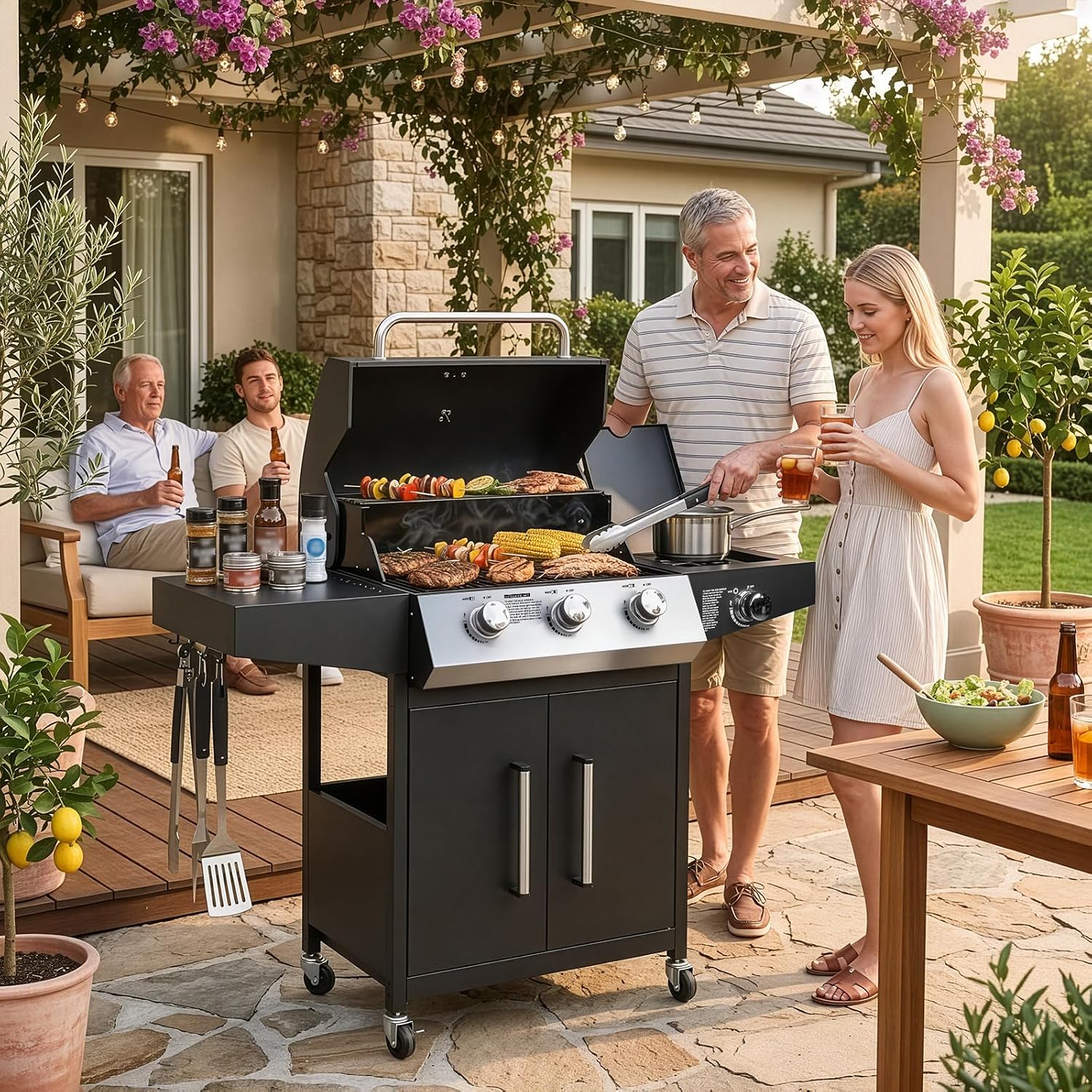 Bonnlo 3 Burner Propane Grills with Side Burner and Porcelain-Enameled Grates, 46000BTU Gas Grill with Side Shelf and Portable Rolling Wheels, Grill for Outdoor Cooking BBQ Patio Backyard
