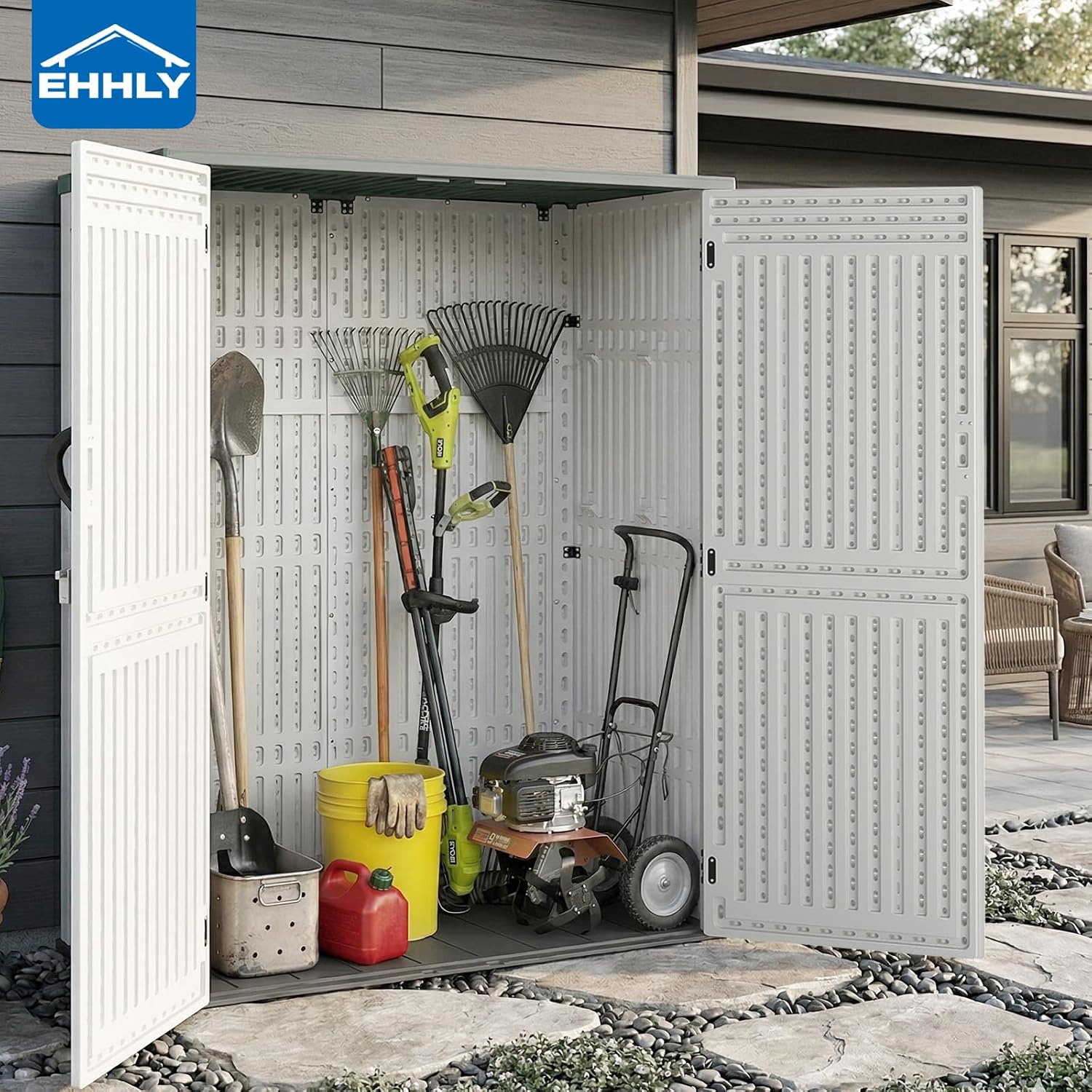EHHLY Vertical Resin Storage Shed, 60 Cuft Garden Tool Sheds & Outdoor Storage, Plastic Outdoor Storage Cabinet Waterproof, 4.5 x 2.3 ft Backyard Outside Lawn Mower Storage Shed, Light Grey