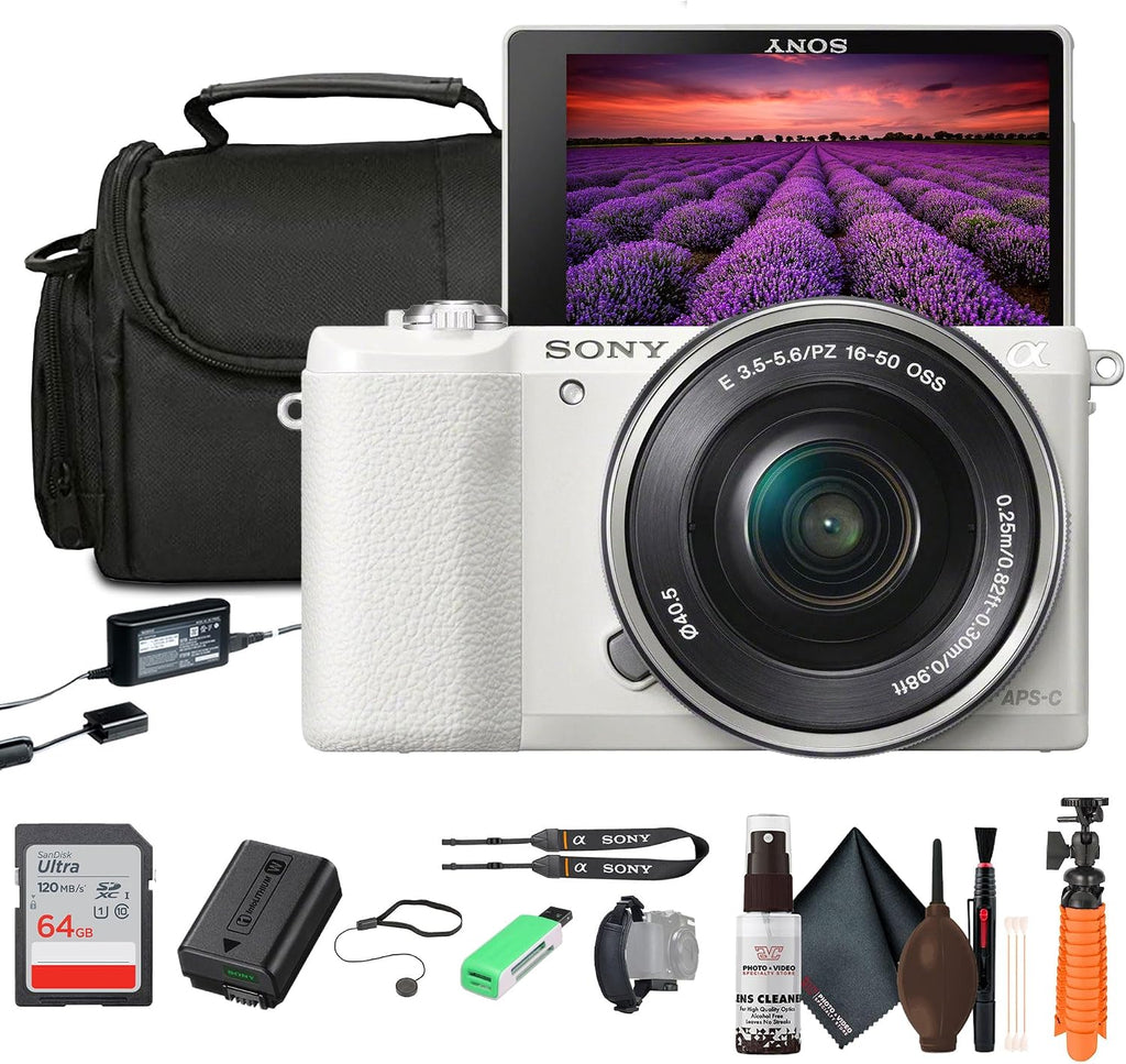 Sony Alpha a5100 Mirrorless Camera with 16-50mm Power Zoom Lens | 24.3MP APS-C Sensor, Fast Hybrid Autofocus (White) + 64GB Card + Card Reader + Case + Flex Tripod + Hand Strap + Memory Wallet + More
