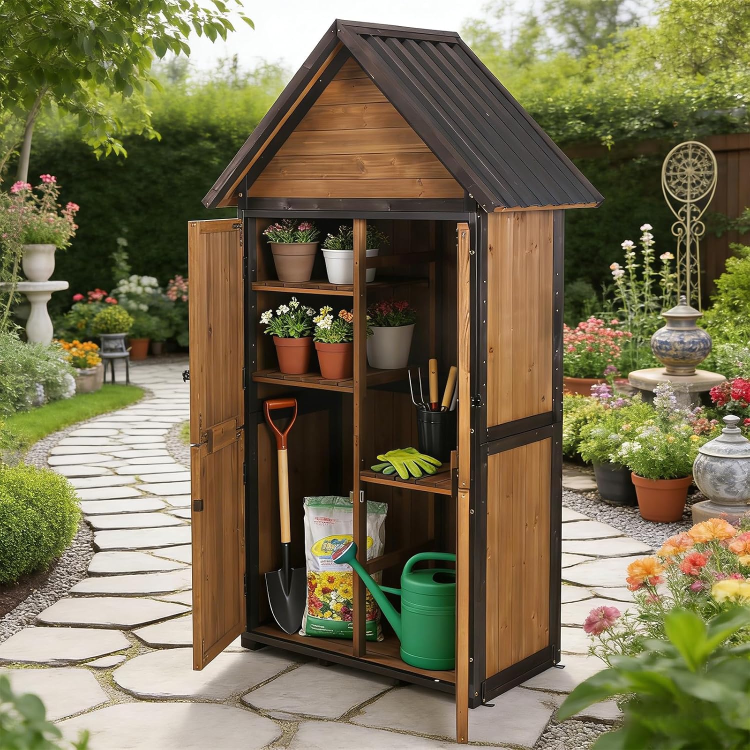 Outdoor Storage Shed with Strong Metal Frame, Garden Shed with Adjustable Shelfs and Waterproof Roof, Wooden Tool House with Floor, for Backyard Garden Patio Lawn, Brown