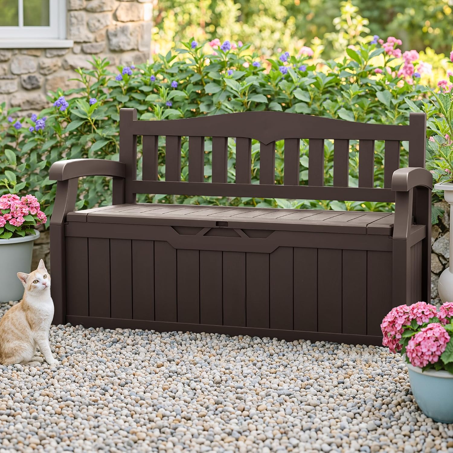 Homall 75 Gallon Outdoor Storage Benches Lockable Deck Box with Waterproof and UV Resistant, Waterproof Storage Box for Patio Furniture, Tools, Cushions (Brown)
