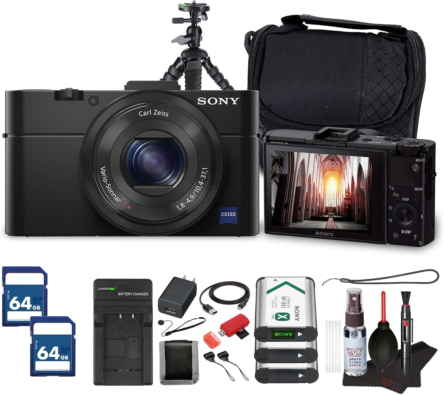 Sony RX100 II Digital Camera | Compact Premium Camera with 1' Sensor & Wi-Fi Bundle (DSC-RX100M2/B) + 2 x 64GB Card + Camera Bag + Battery Charger + 2 x Replacement for NP-BX1 + More (17 Items)