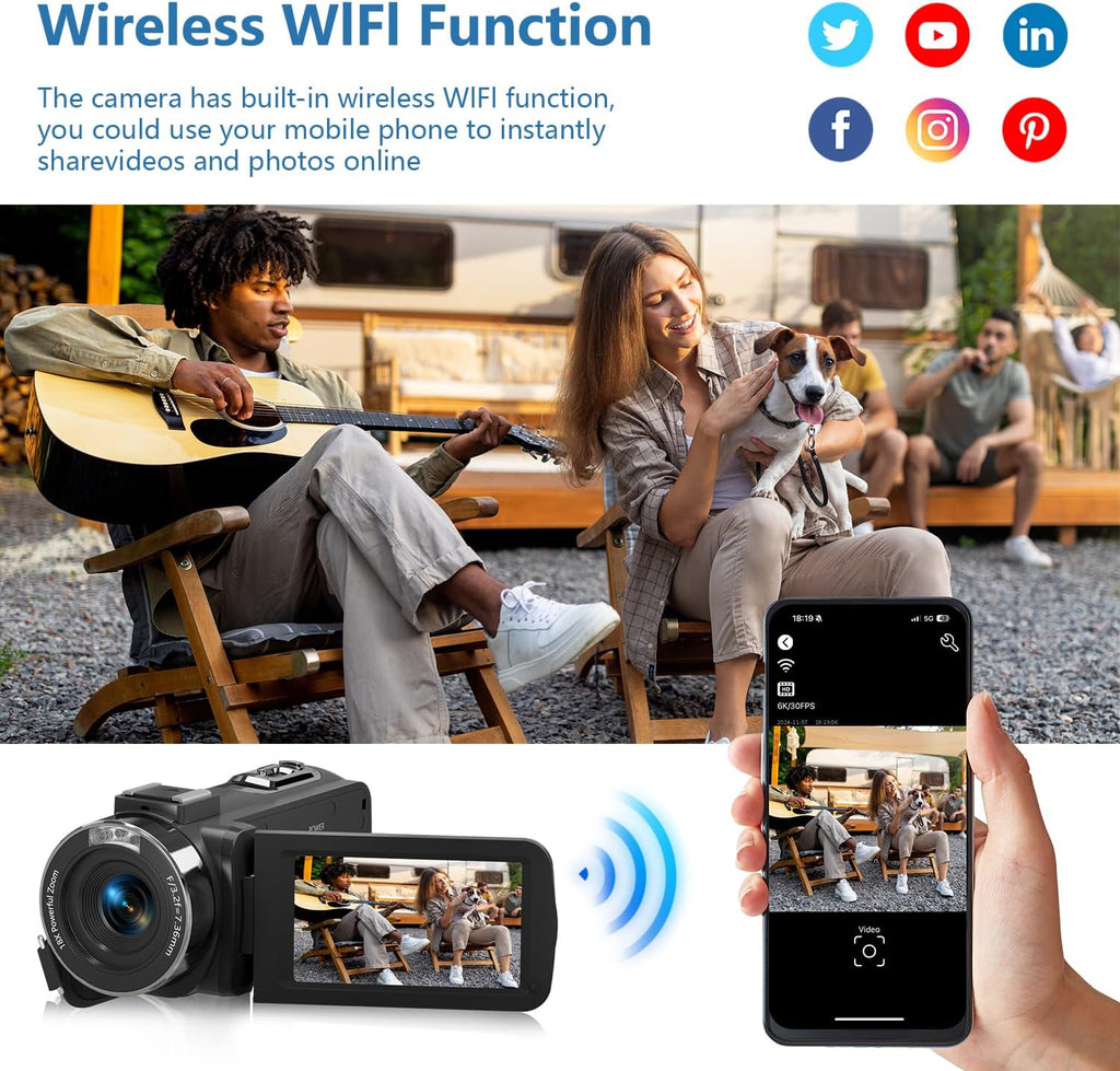 VETEK Video Camera Camcorder, 6K 64MP IR Night Vision Vlogging Camera 18X Zoom WiFi Digital Camera for YouTube 3.0'' Touch Screen Recorder with 32GB SD Card, Microphone & 2.4G Remote Control