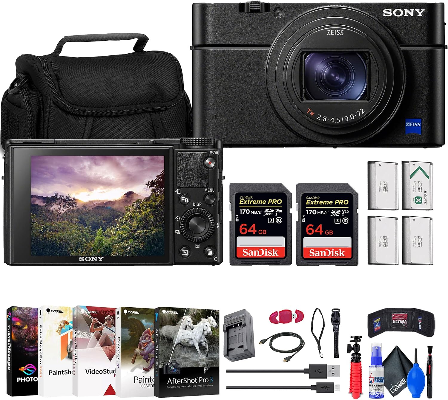 Sony Cyber-Shot DSC-RX100 VII Digital Camera (DSC-RX100M7) + 2 x 64GB Memory Card + Case + 3 x NP-BX1 Battery + Card Reader + LED Light + Corel Photo Software + HDMI Cable + Charger + More (Renewed)