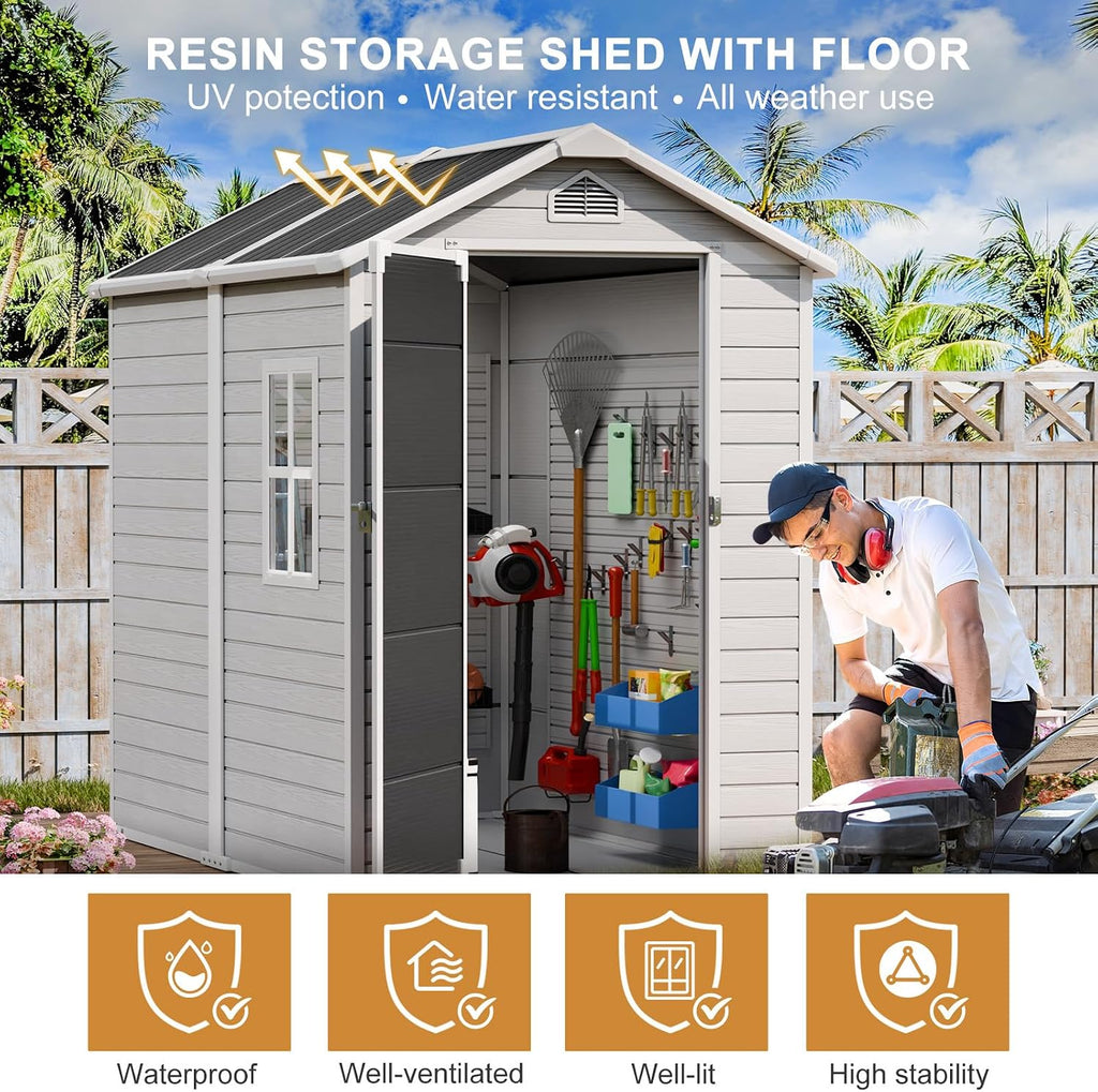 Resin Outdoor Storage Shed with Floor 6x4 FT Waterproof Plastic Sheds Kit Window Lockable Door Included, Outside Garden Tools Sheds for Backyard Patio, Gray
