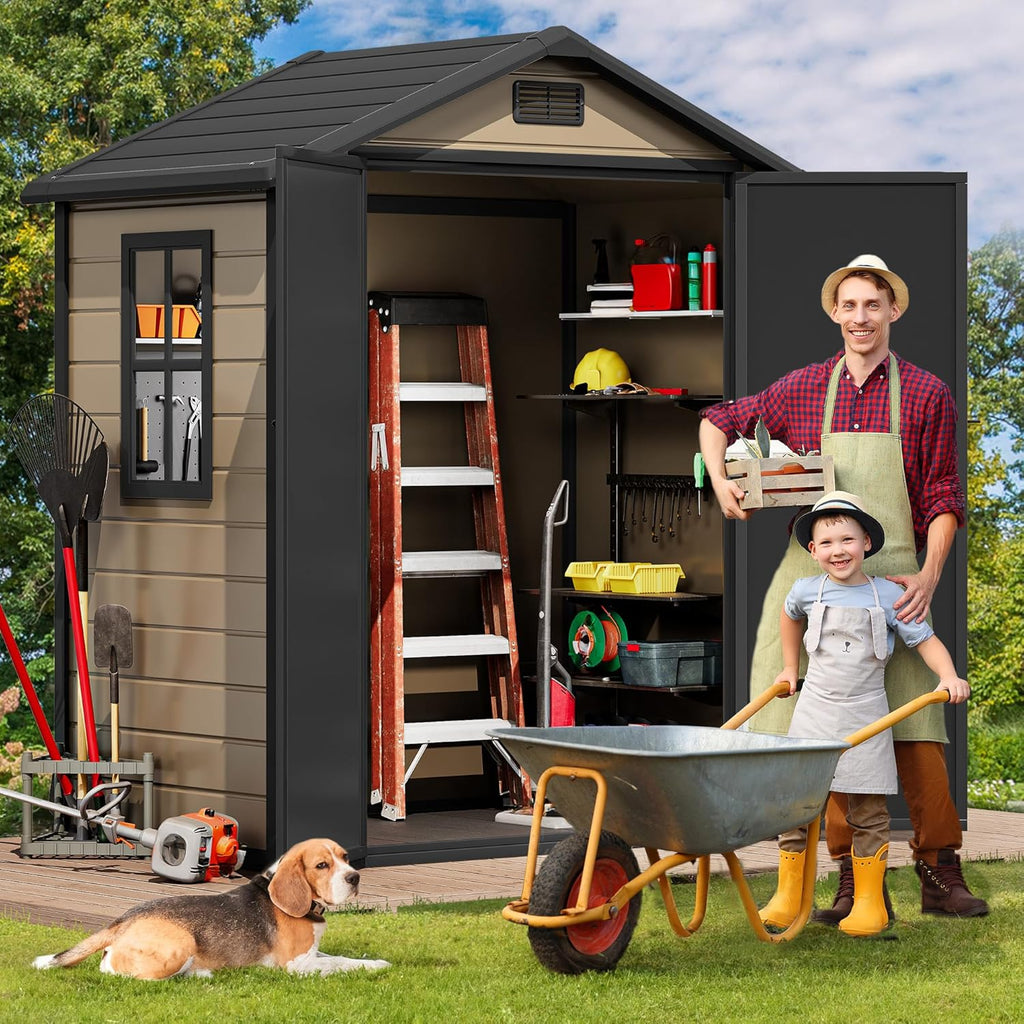 DWVO 6x4 FT Resin Storage Shed with Floor, Outdoor Storage Shed with Lockable Door, Window and Vents, Waterproof Plastic Tool Storage for Garden, Patio, Backyard, Lawn
