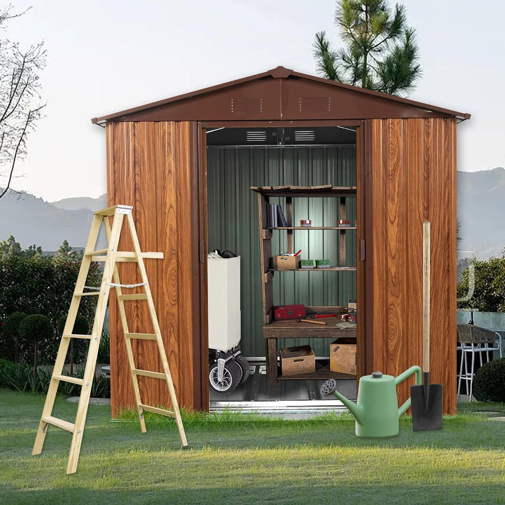 6 x 6 FT Outdoor Storage Shed, Metal Garden Shed with Floor Frame, Tool Shed Outdoor Storage with Lockable Sliding Doors & Window & Air Vents, Storage House Waterproof for Backyard, Lawn, Coffee