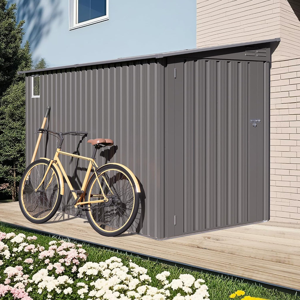 4x9 FT Lean to Shed with Windows, Outdoor Storage Metal Shed with 6 Vents and 1 Side Open Door, Outdoor Storage Shed Waterproof for Backyard, Garden, Patio, Gray