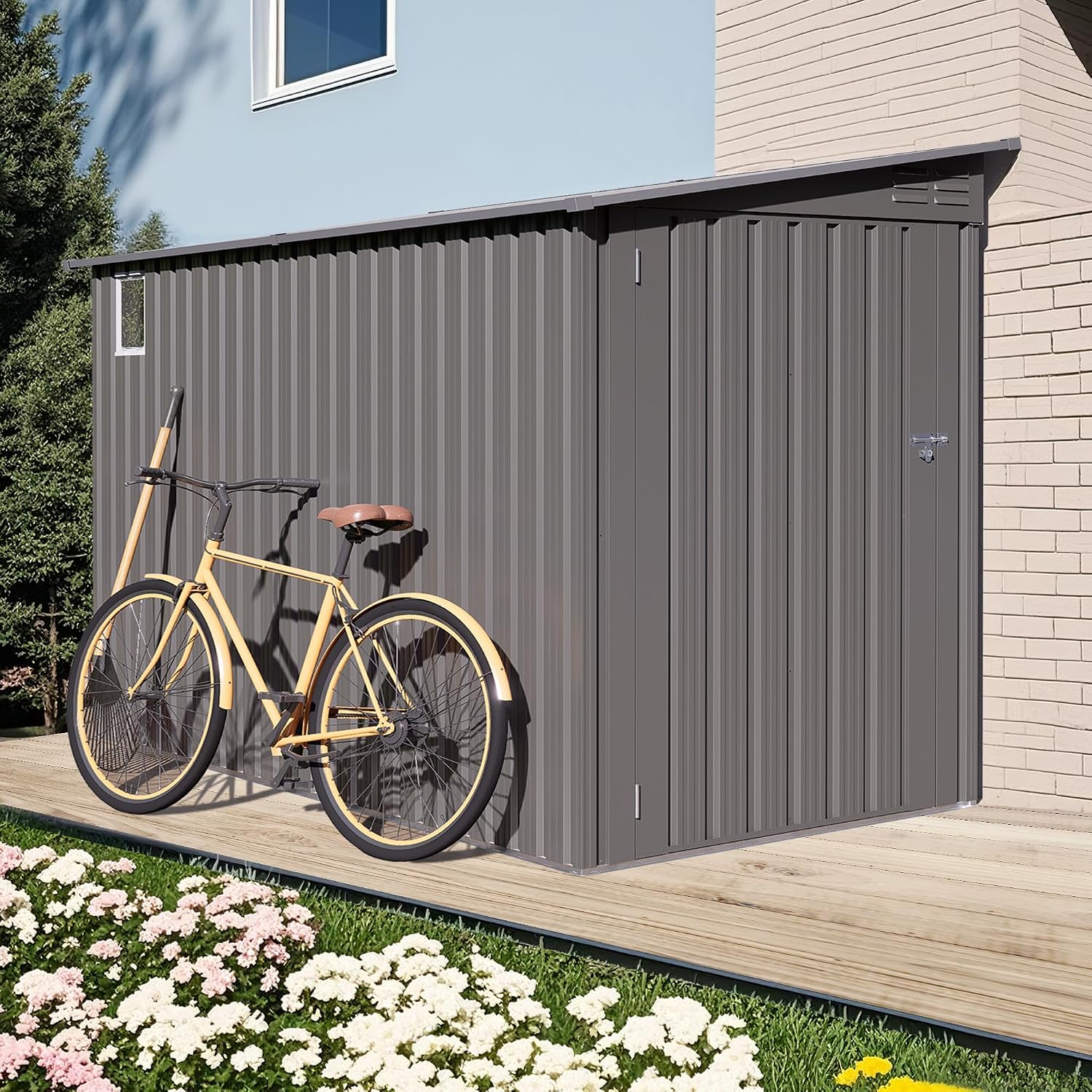 4x9 FT Lean to Shed with Windows, Outdoor Storage Metal Shed with 6 Vents and 1 Side Open Door, Outdoor Storage Shed Waterproof for Backyard, Garden, Patio, Gray