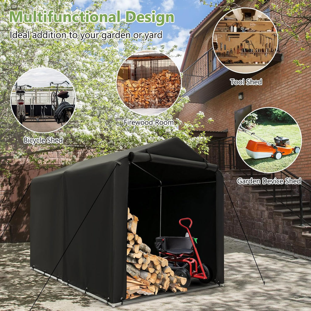 Goplus Portable Storage Shed, 7 x 5.2 x 5.4 Ft Heavy Duty Motorcycle Shed w/Roll-Up Zipper Door, Metal Frame, Waterproof Cover & Wind Rope, Outdoor Storage Tent Shelter for Bike, Garden Tools