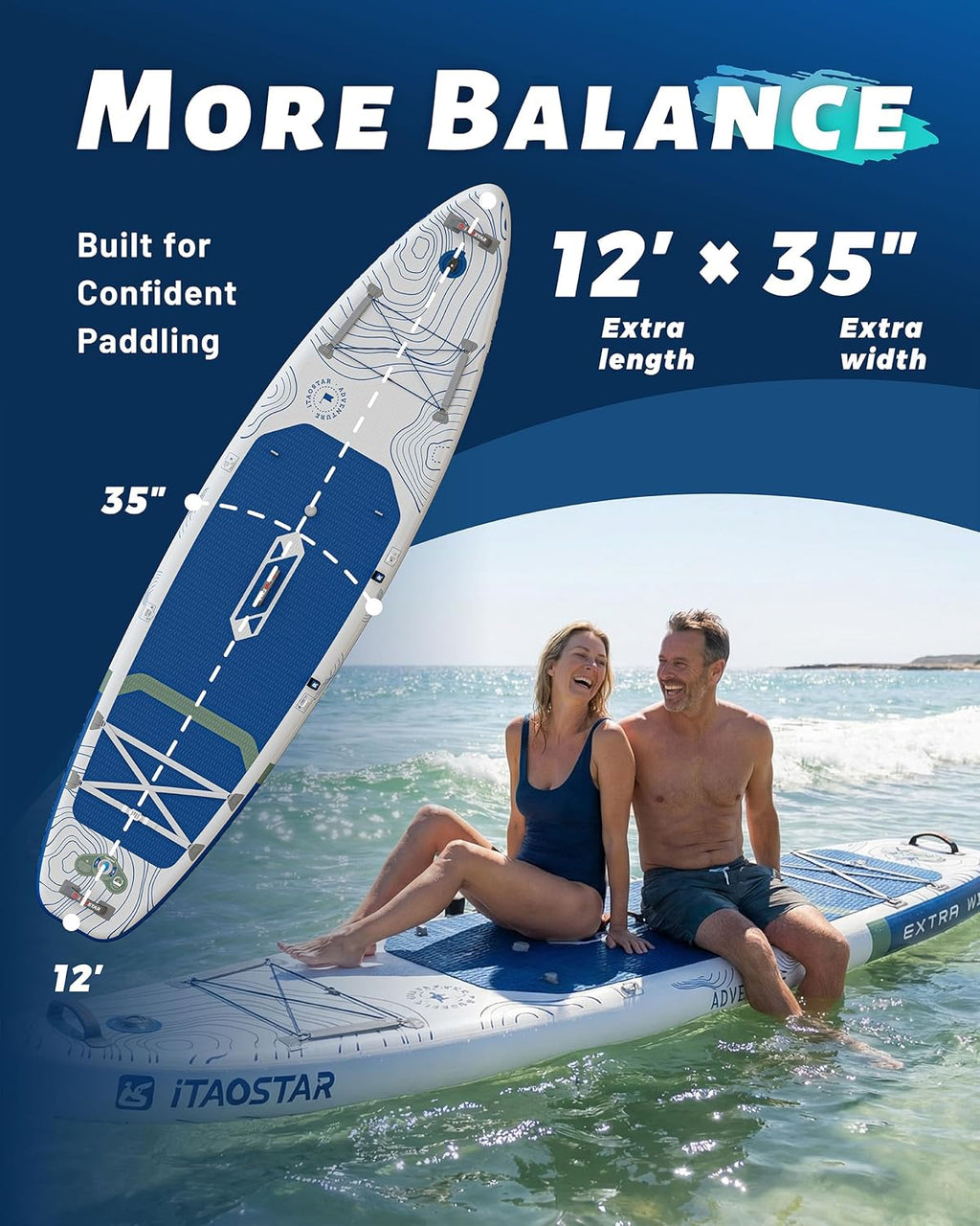 iTAOSTAR Adventure 12' × 35'/39' Inflatable Stand Up Paddle Board with Seat, Extra Wide SUP Board with 5 Fins Stable Design for Adults, Youth, All Skill Levels, Lakes, Oceans & Fishing
