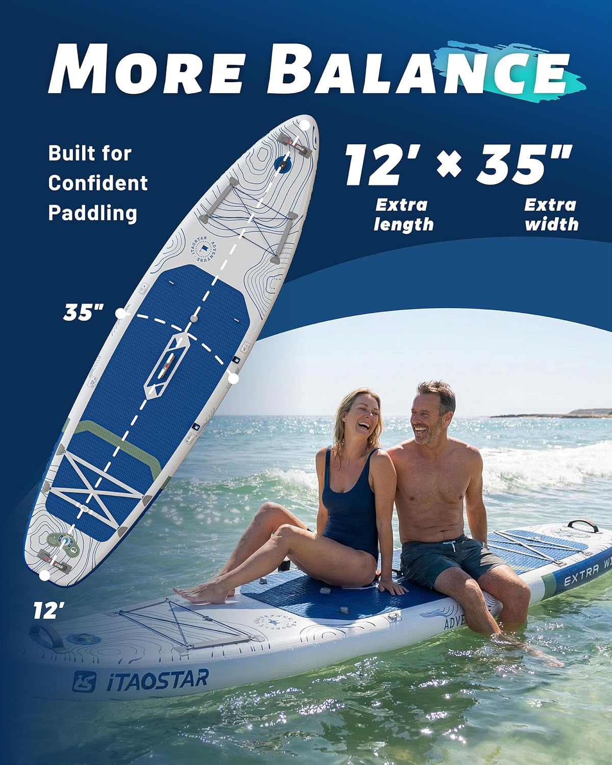 iTAOSTAR Adventure 12' × 35'/39' Inflatable Stand Up Paddle Board with Seat, Extra Wide SUP Board with 5 Fins Stable Design for Adults, Youth, All Skill Levels, Lakes, Oceans & Fishing
