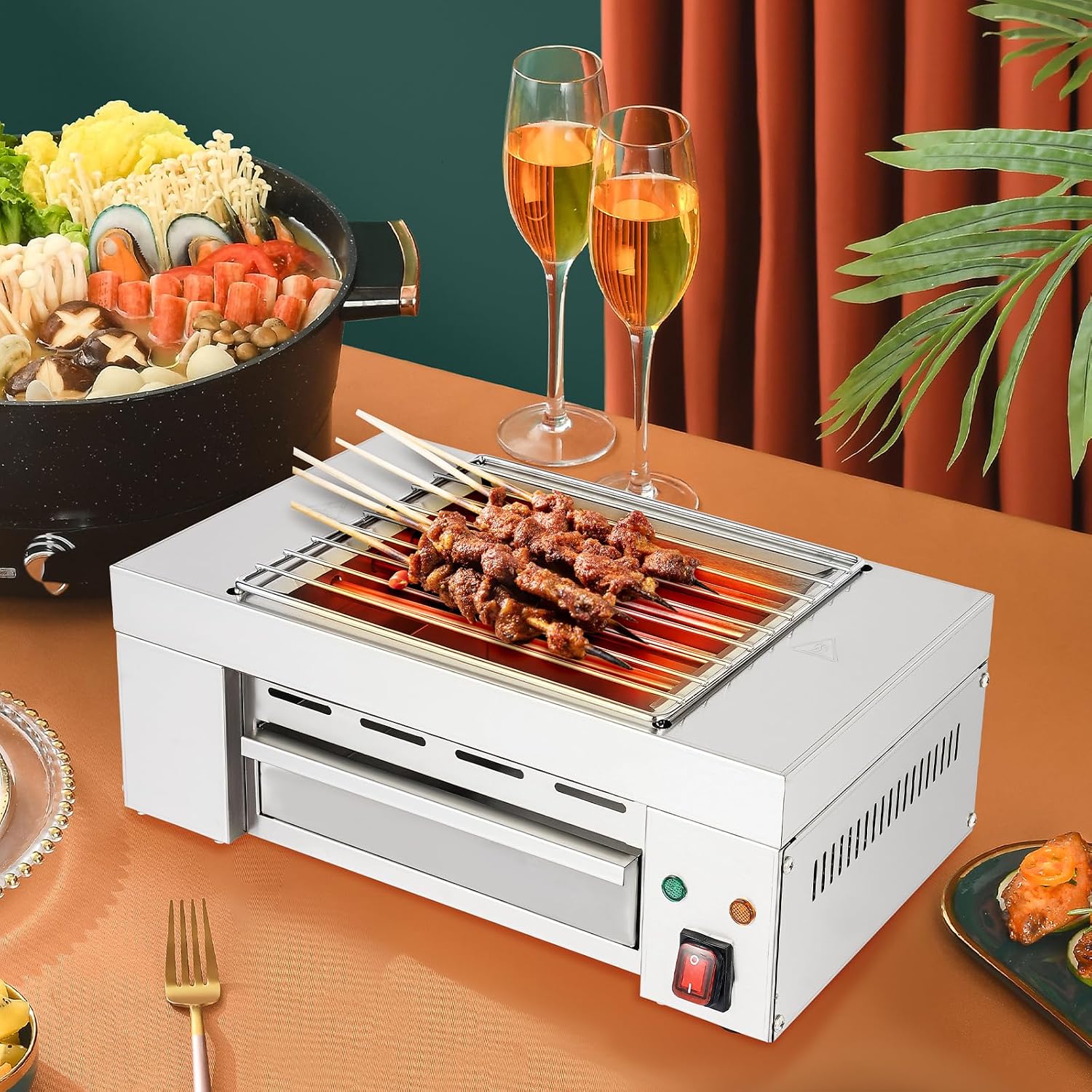 Indoor Electric BBQ Grill, Smokeless Electric Grill with Adjustable Temperature, Suitable for Cafe Restaurant Party Buffet 120V1500W