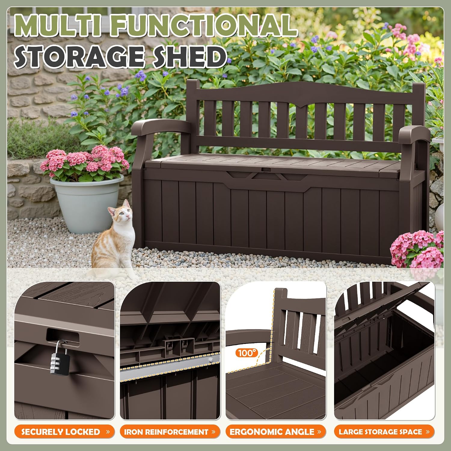 Homall 75 Gallon Outdoor Storage Benches Lockable Deck Box with Waterproof and UV Resistant, Waterproof Storage Box for Patio Furniture, Tools, Cushions (Brown)