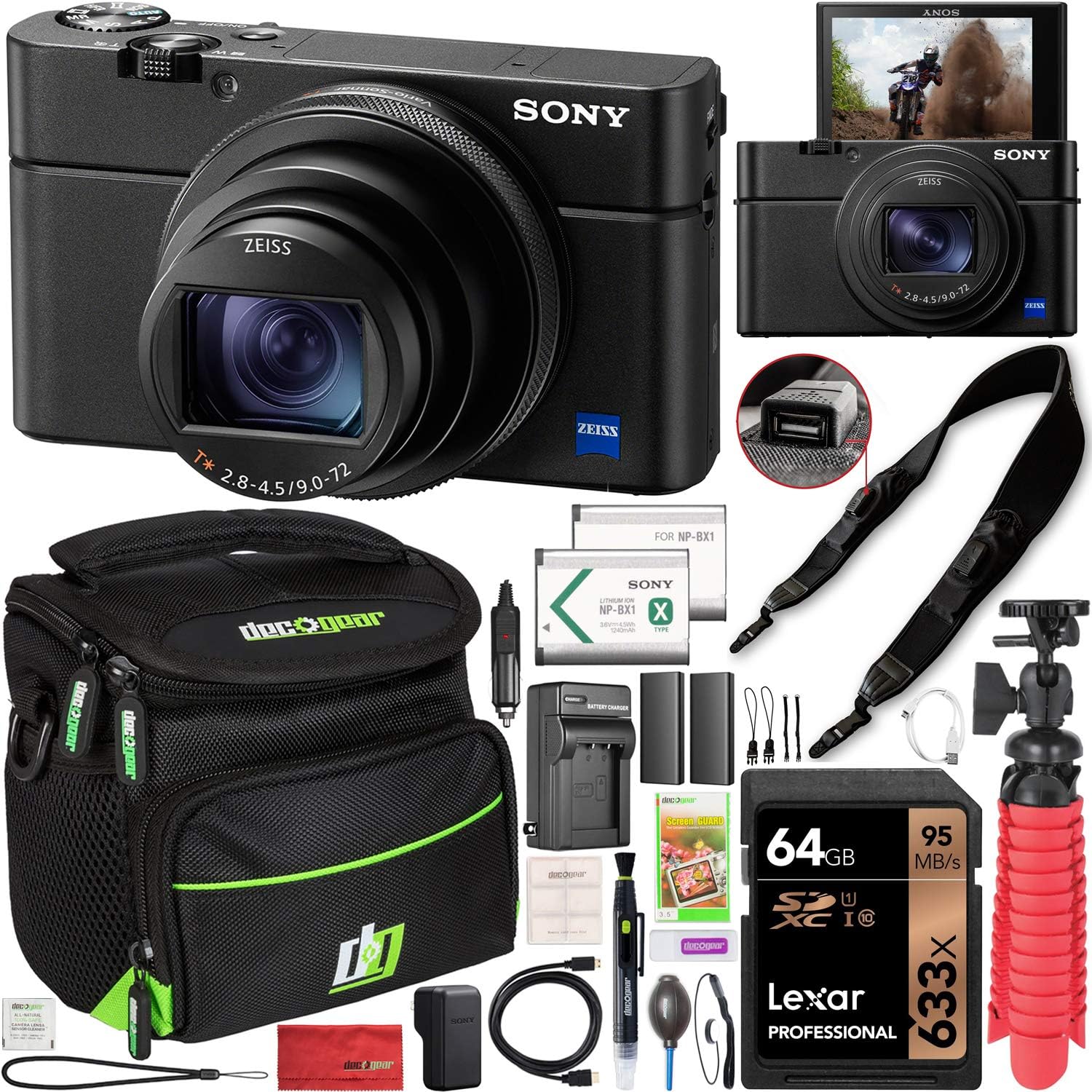 Sony Cyber-Shot RX100 VII RX100M7 4K UHD Camera DSC-RX100M7 w/Zeiss 24-200mm Zoom Lens Power Bundle with Deco Photo Strap w/Built in Camera Charging + 2X Battery + Case + Tripod Grip & Accessories