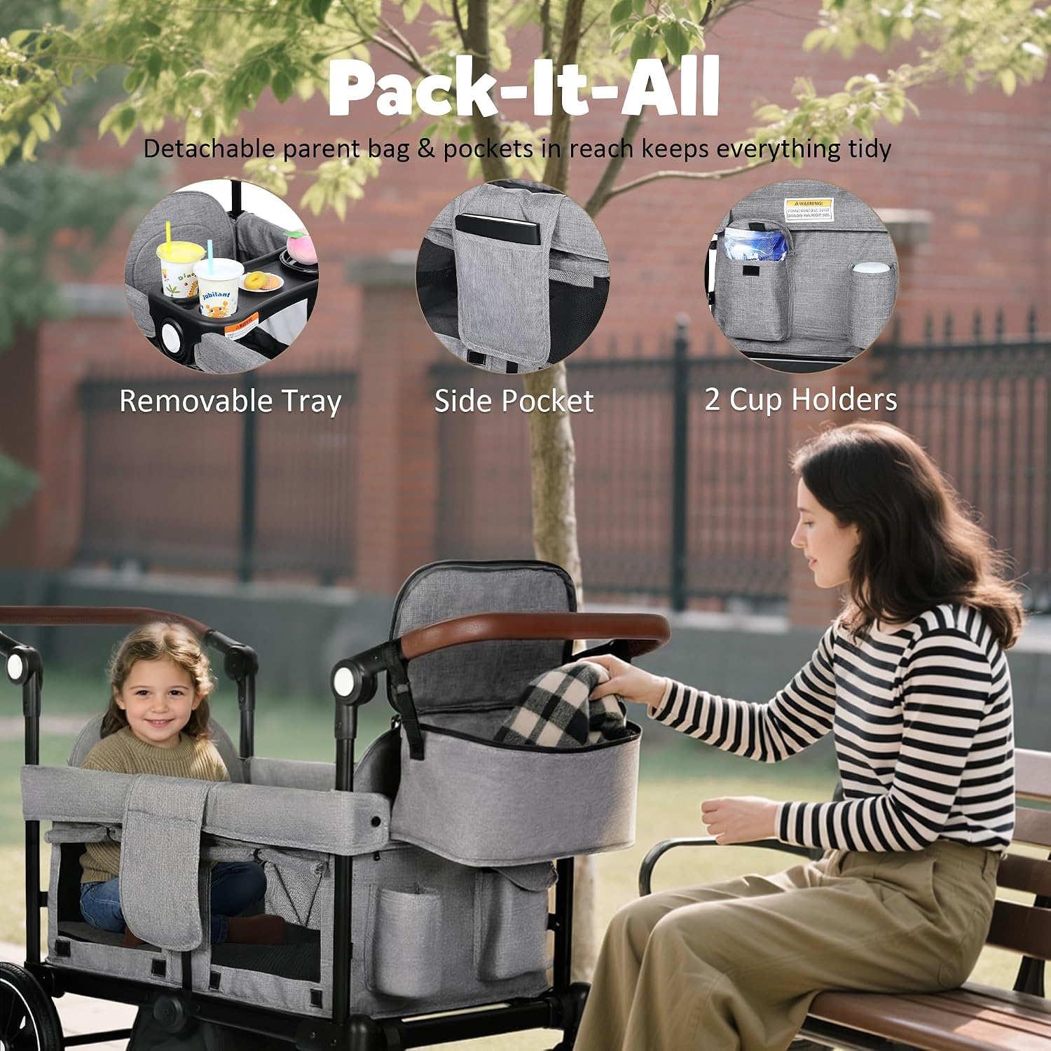 TODEFULL Wagon Stroller for 2 Kids, Foldable Kids Wagon Cart Featuring with Harnesses, Adjustable Double Push Handle, Removable Canopy, Snack Tray, Large Storage Bag, Gray