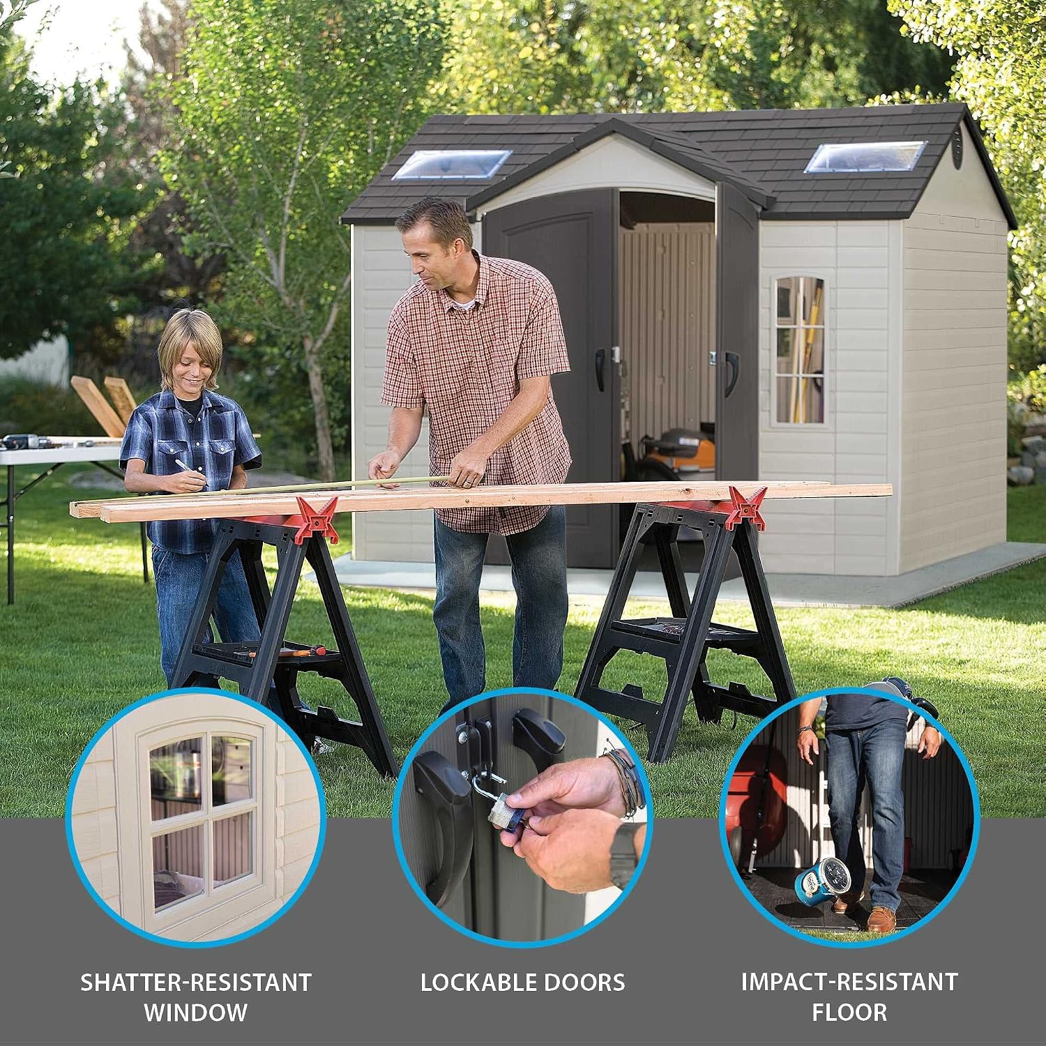 Lifetime 60005 Outdoor Storage Shed with Windows, Skylights and Shelving, 10 x 8 Feet