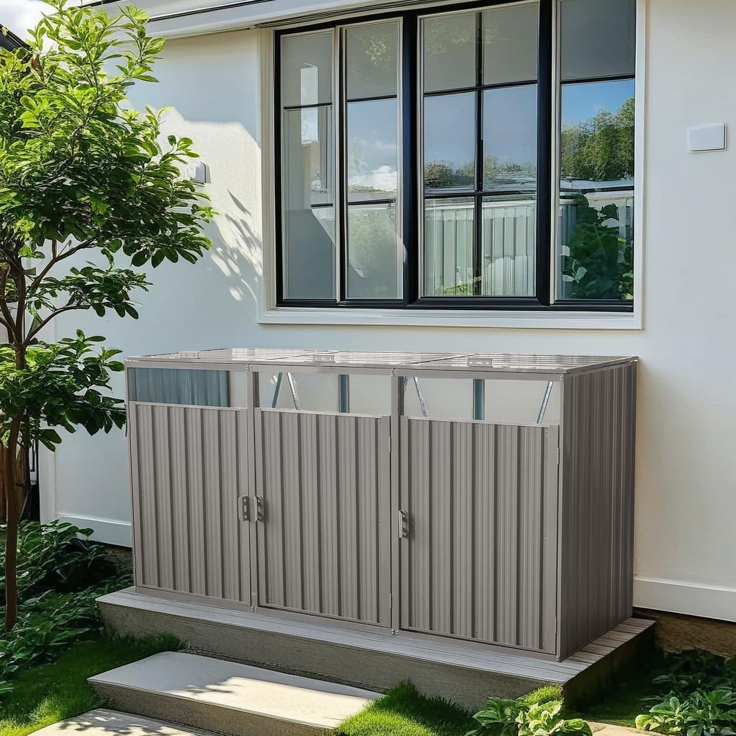 82.7 Cu.Ft Outdoor Trash Can Storage Shed, Metal Trash Can Storage Bin with Spring Chain Lid for Garbage Storage, Waterproof Storage Shed Stores for 3 Trash Cans, Garden Tools, Gray