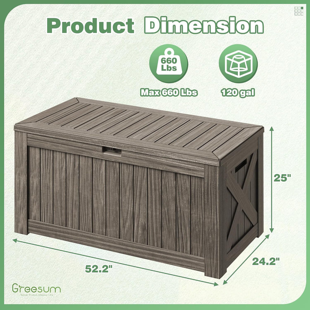 Greesum Outdoor Storage Box 120 Gallon Storage Bin with Lid for Patio Furniture, Garden Tools, Pool Supplies, Lockable, Waterproof and UV Resistant, Coffee