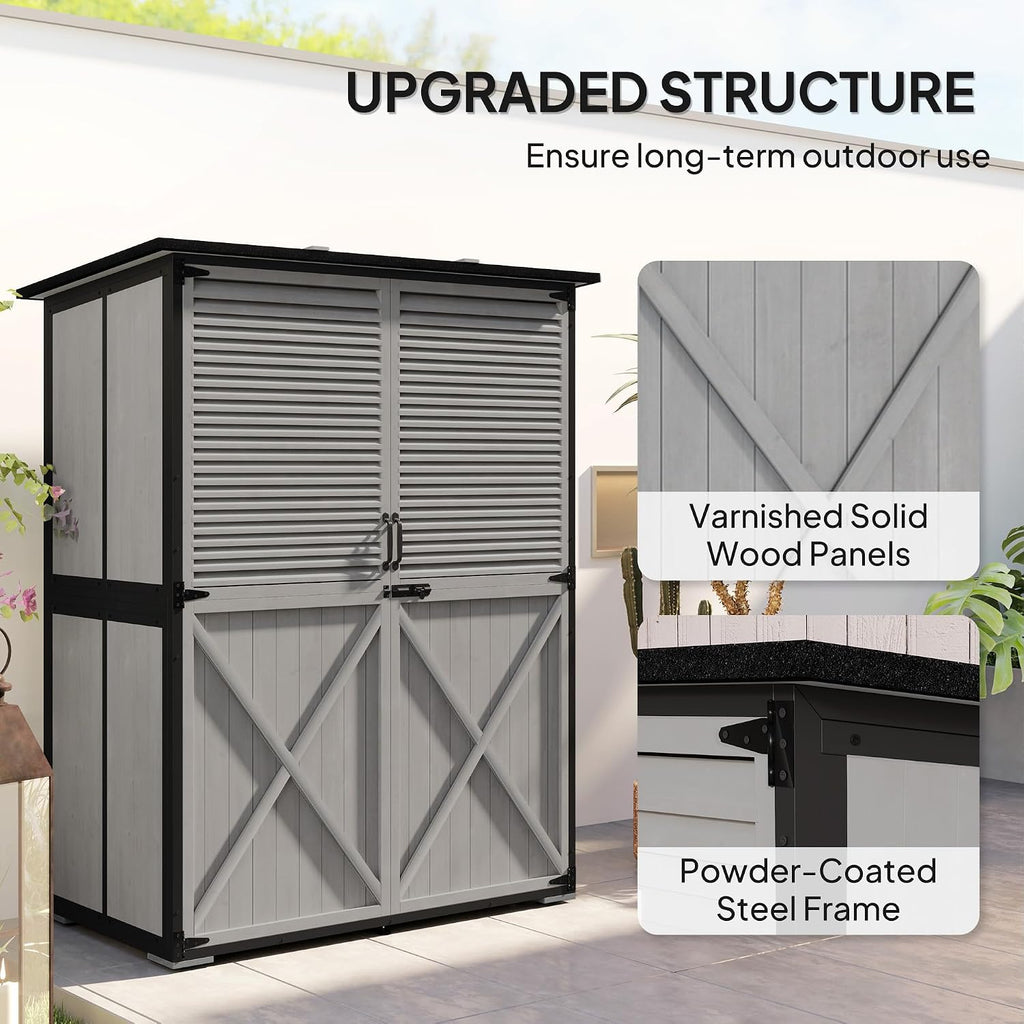 Outsunny Outdoor Storage Cabinet, Wood Garden Tool Shed with Lock, Steel Frame and Asphalt Roof, Garden Storage Shed with Adjustable Shelves and Feet for Patio Backyard Lawn, Gray