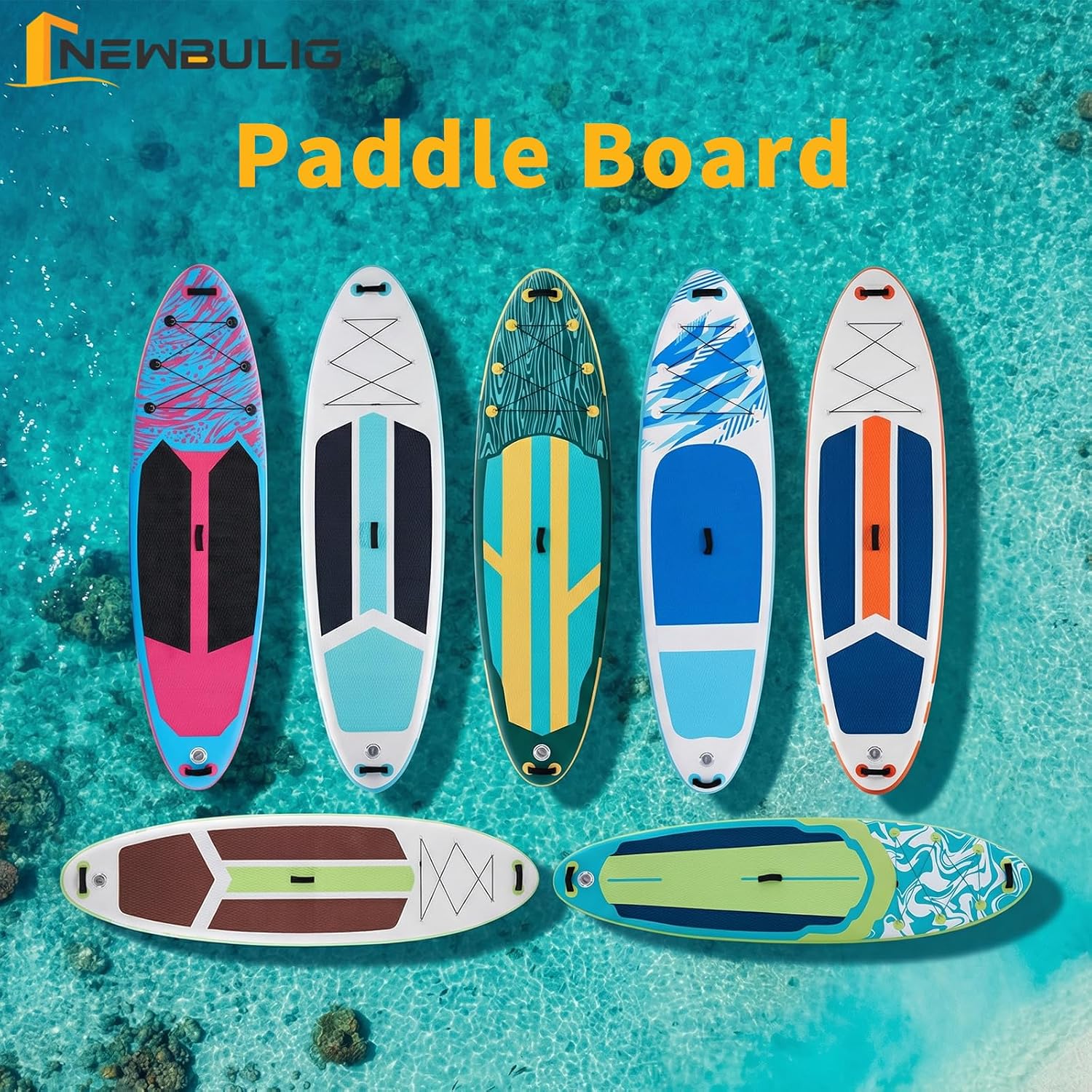 NEWBULIG 33' Inflatable Paddle Board SUP, Stand Up Paddle Board Blow Up with 3 Carry Handles, Non-Slip Deck Pad, Complete Kit with Pump, Leash & Backpack for Beginners/Adults