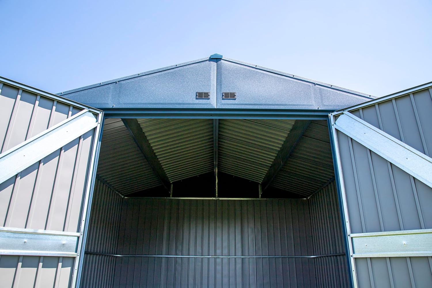 Arrow Shed Elite 14' x 16' Tall Outdoor Steel Storage Shed with High Gable and Lockable Doors Storage Building, Blue Grey