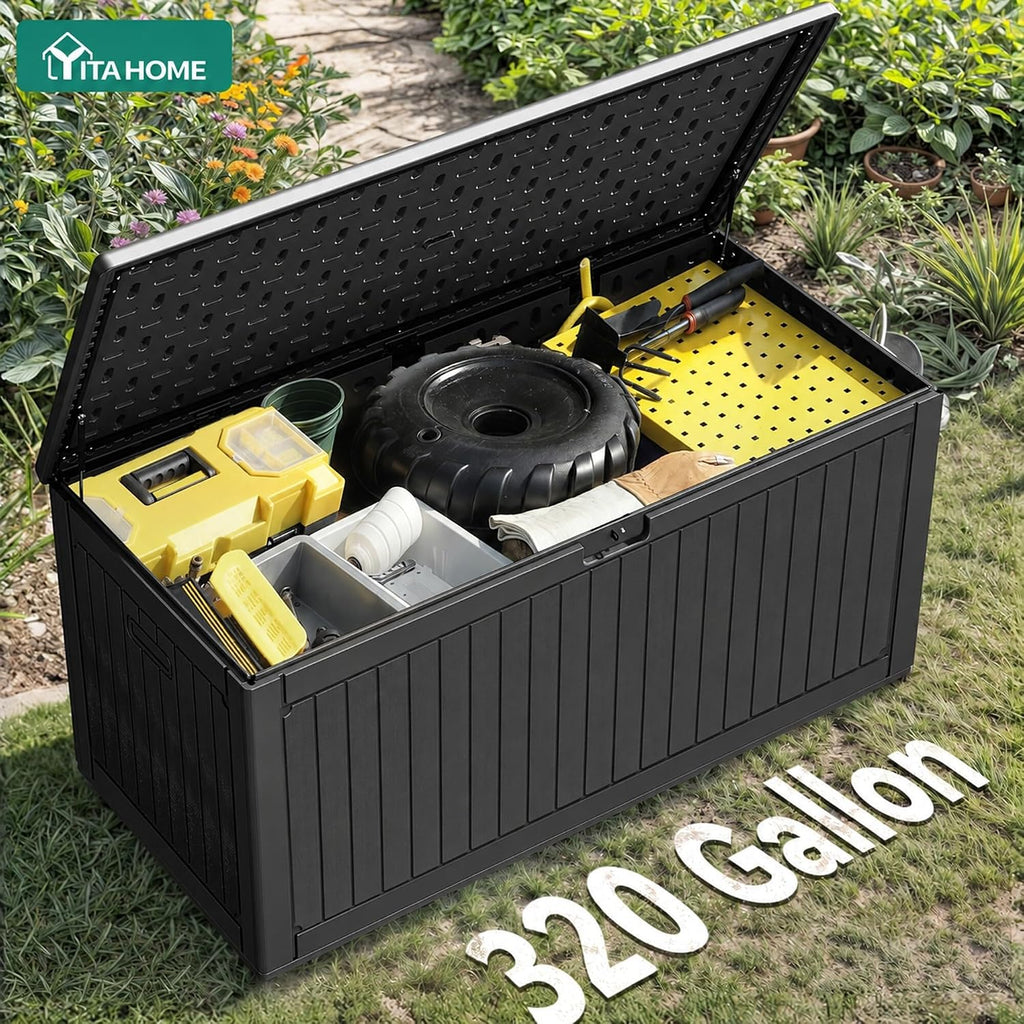 YITAHOME 320 Gallon Double-Wall Deck Box with Divider & Side Handles, Outdoor Large Storage for Patio Furniture Cushions, Garden Pool Accessories, Water Resistant & Lockable