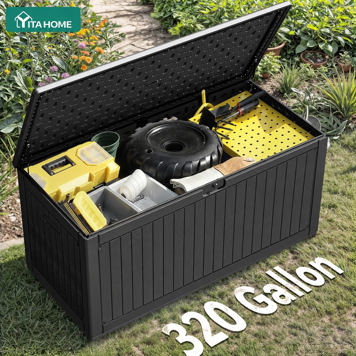YITAHOME 320 Gallon Double-Wall Deck Box with Divider & Side Handles, Outdoor Large Storage for Patio Furniture Cushions, Garden Pool Accessories, Water Resistant & Lockable