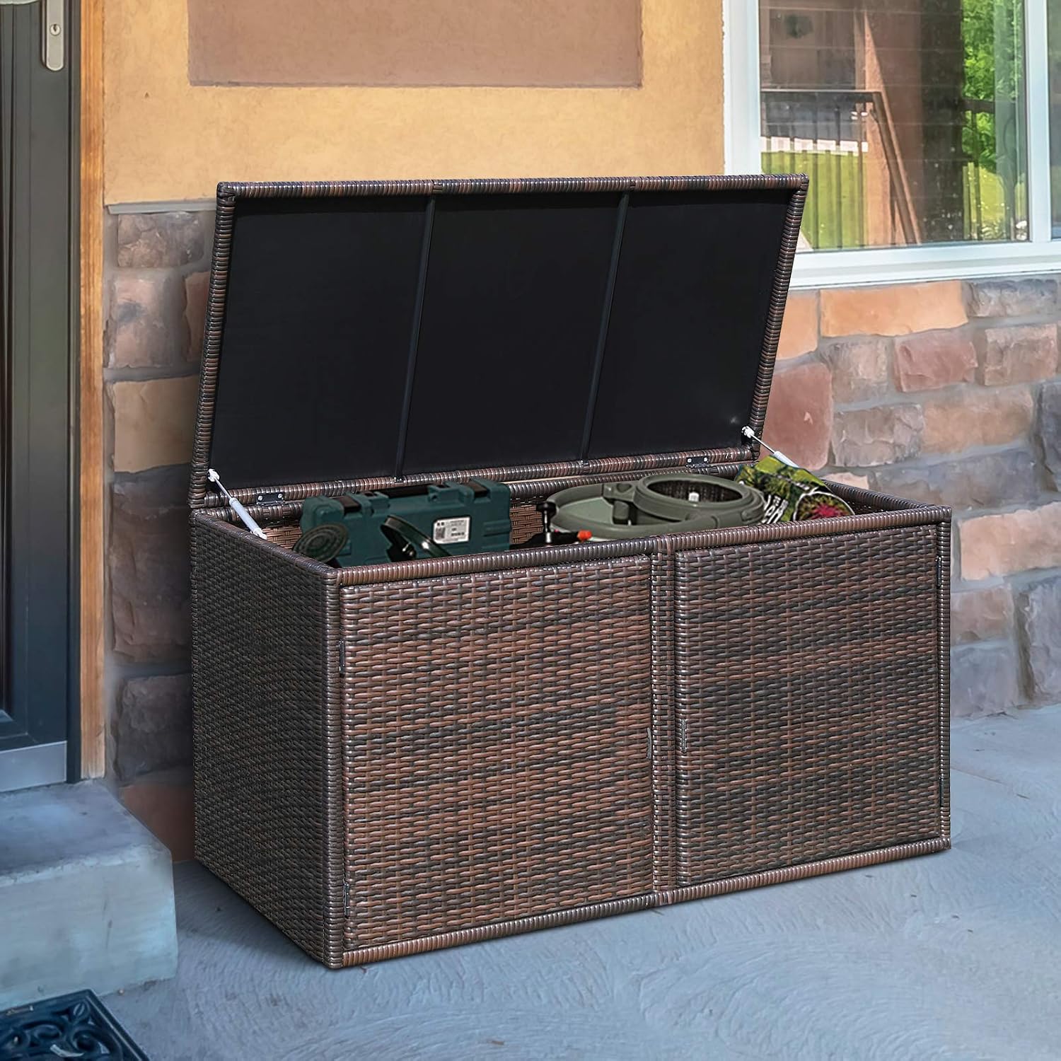 Tangkula 73 Gallon Outdoor Wicker Storage Box, Garden Deck Bin with Steel Frame, Rattan Storage Box with Lid, Ideal for Storing Tools, Accessories