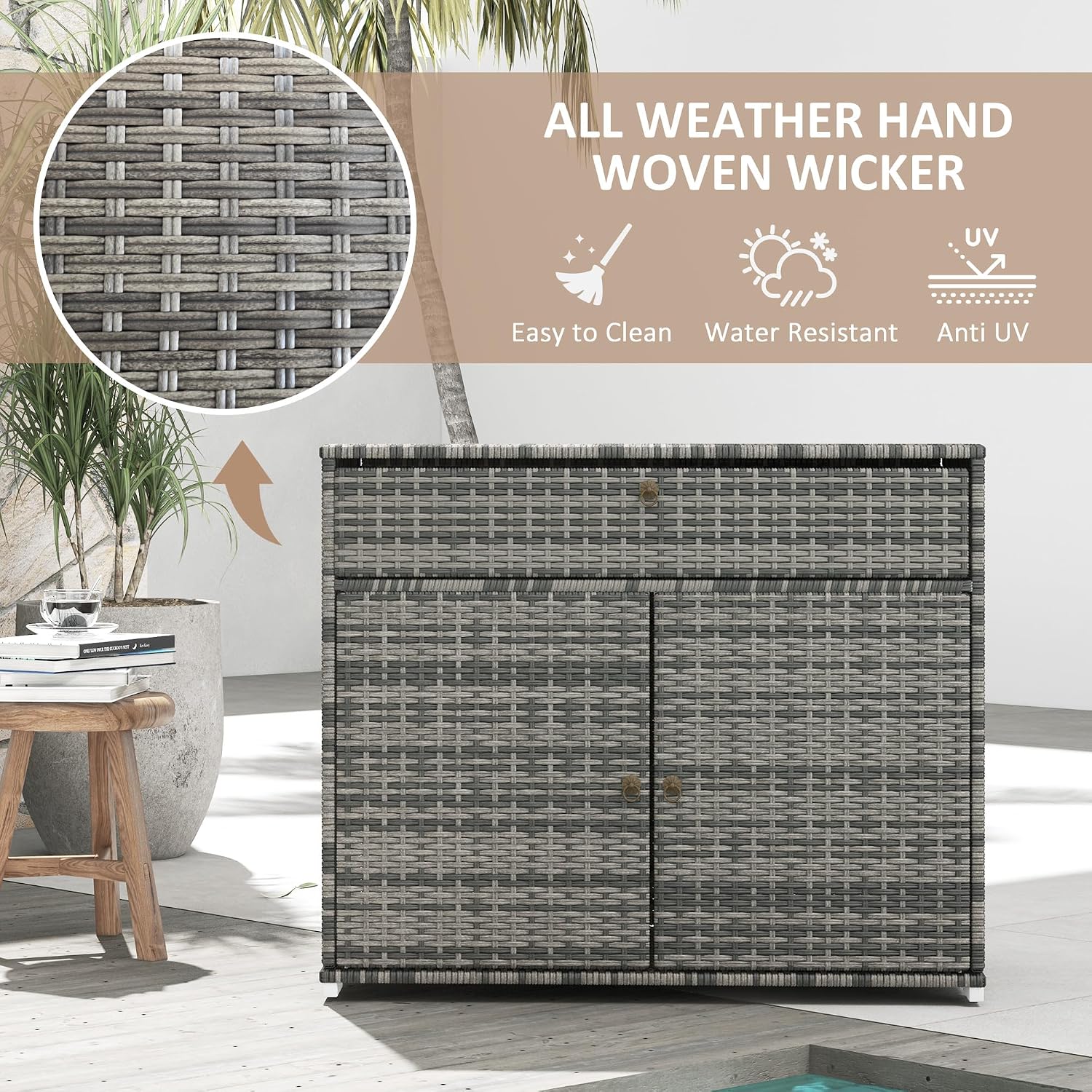 Outsunny Wicker Outdoor Storage Cabinet, Pool Towel Storage Cabinet with Drawer, Freestanding PE Rattan Pool Towel Holder for Indoor, Outdoor Swimming Pool, Spa (Gray)