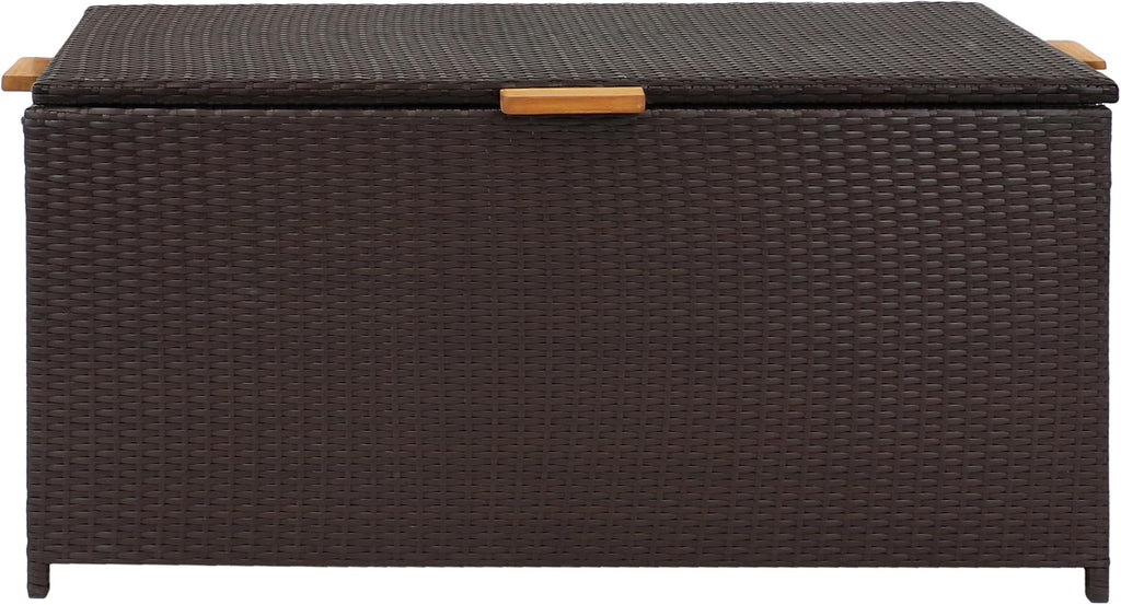 Sunnydaze Faux Wicker Storage Box - Outdoor Deck Box with Handles - 75-Gallon Front Door Package Delivery Box with Hinged Lid - Brown