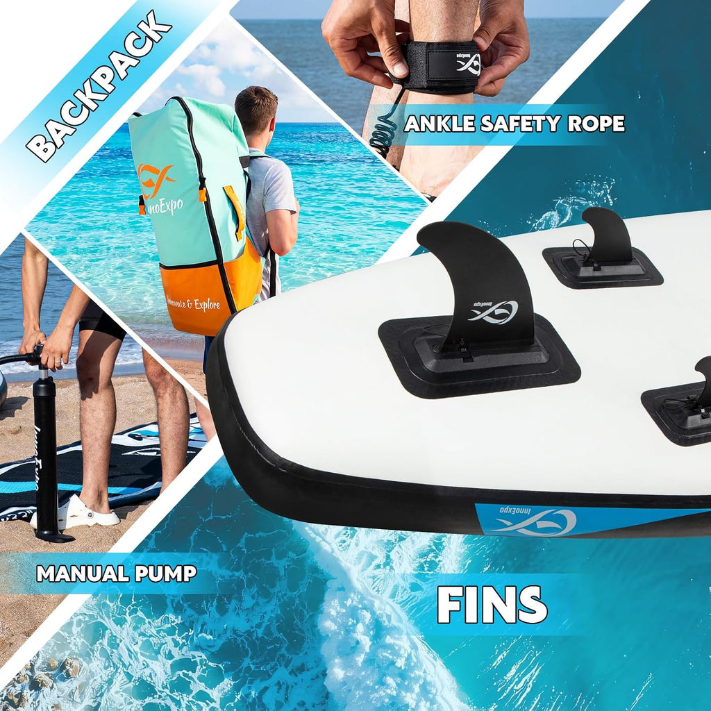 InnoExpo Inflatable Stand Up Paddle Boards with Premium Accessories, Wide Stable SUP Paddle Board Design, Non-Slip Comfort Deck for Youth & Adults