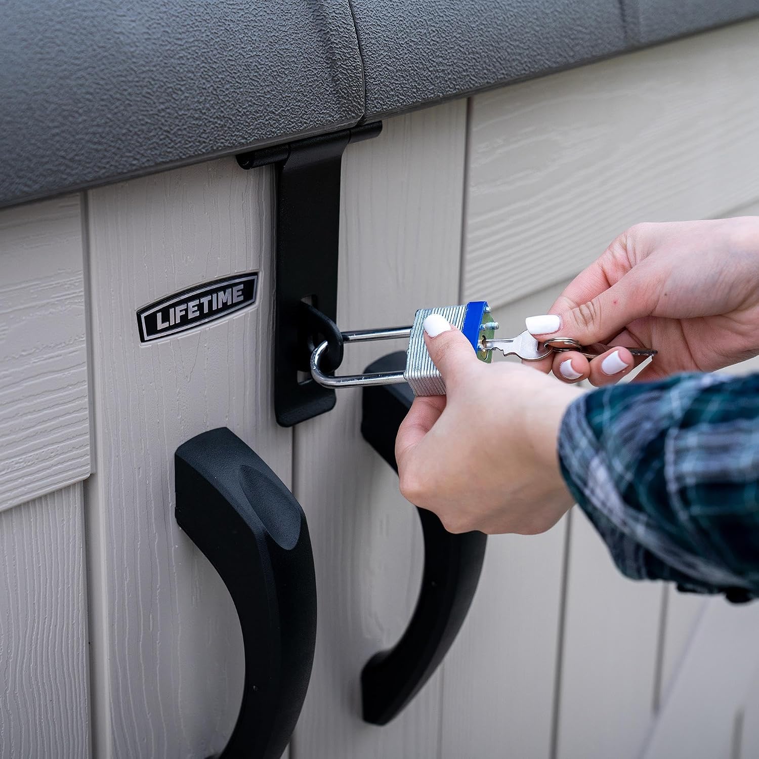 LIFETIME Large Horizontal Outdoor Deck Storage Box, Lockable Spring-Hinge Lid, 561 Gallon Capacity