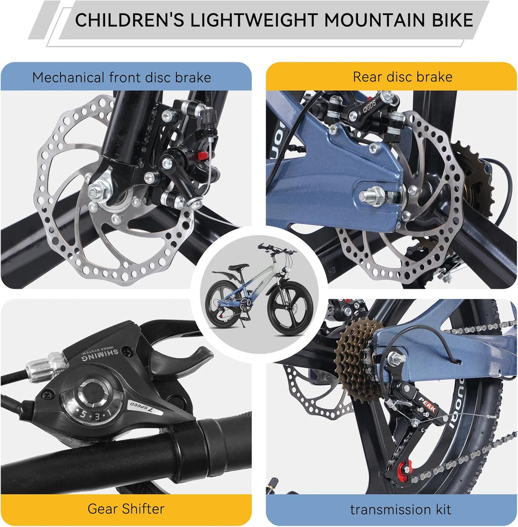 20 Inch Mountain Bike Bicycle for Kids Ages 7-12 with Dual Disc Brakes, 7 Speeds, Shock Absorber, LED Lights,for Boys & Girls