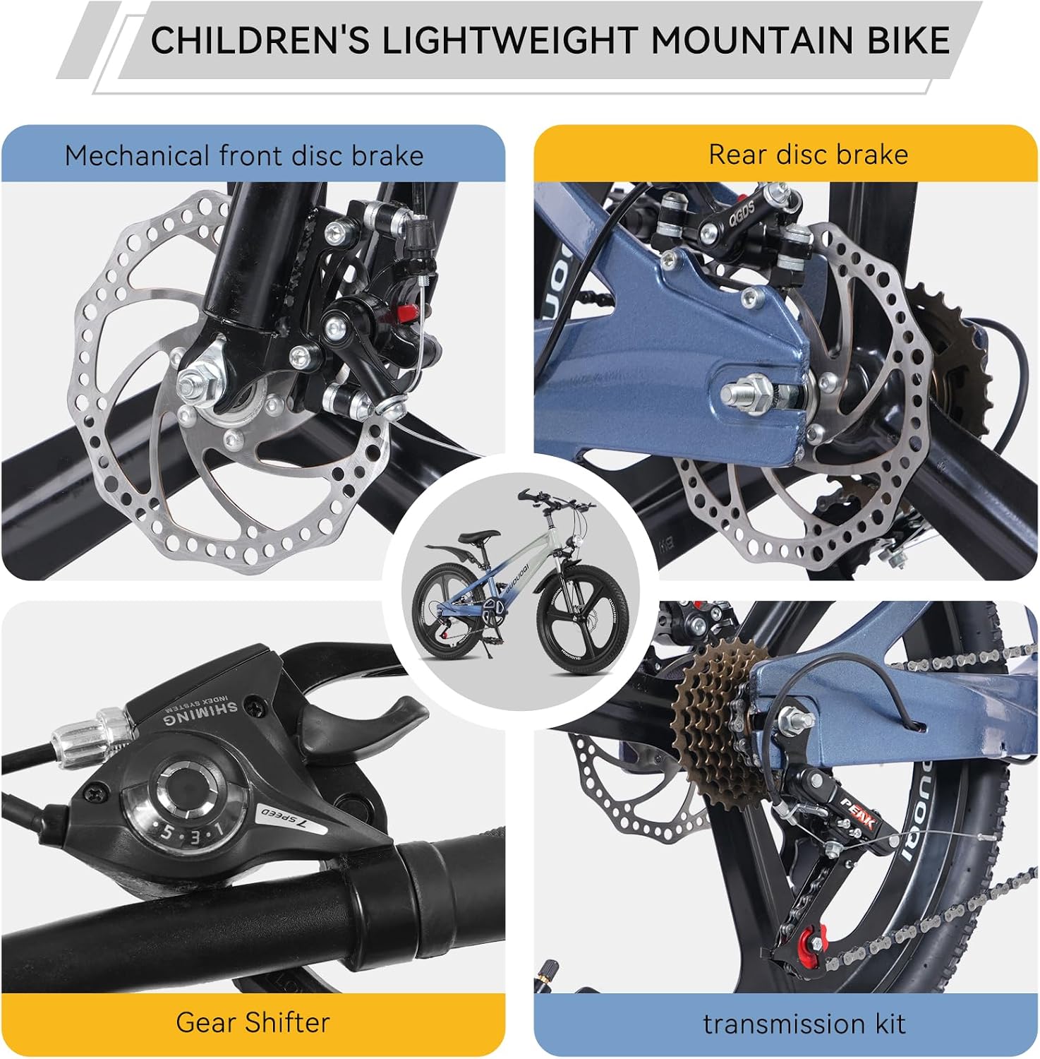 20 Inch Mountain Bike Bicycle for Kids Ages 7-12 with Dual Disc Brakes, 7 Speeds, Shock Absorber, LED Lights,for Boys & Girls