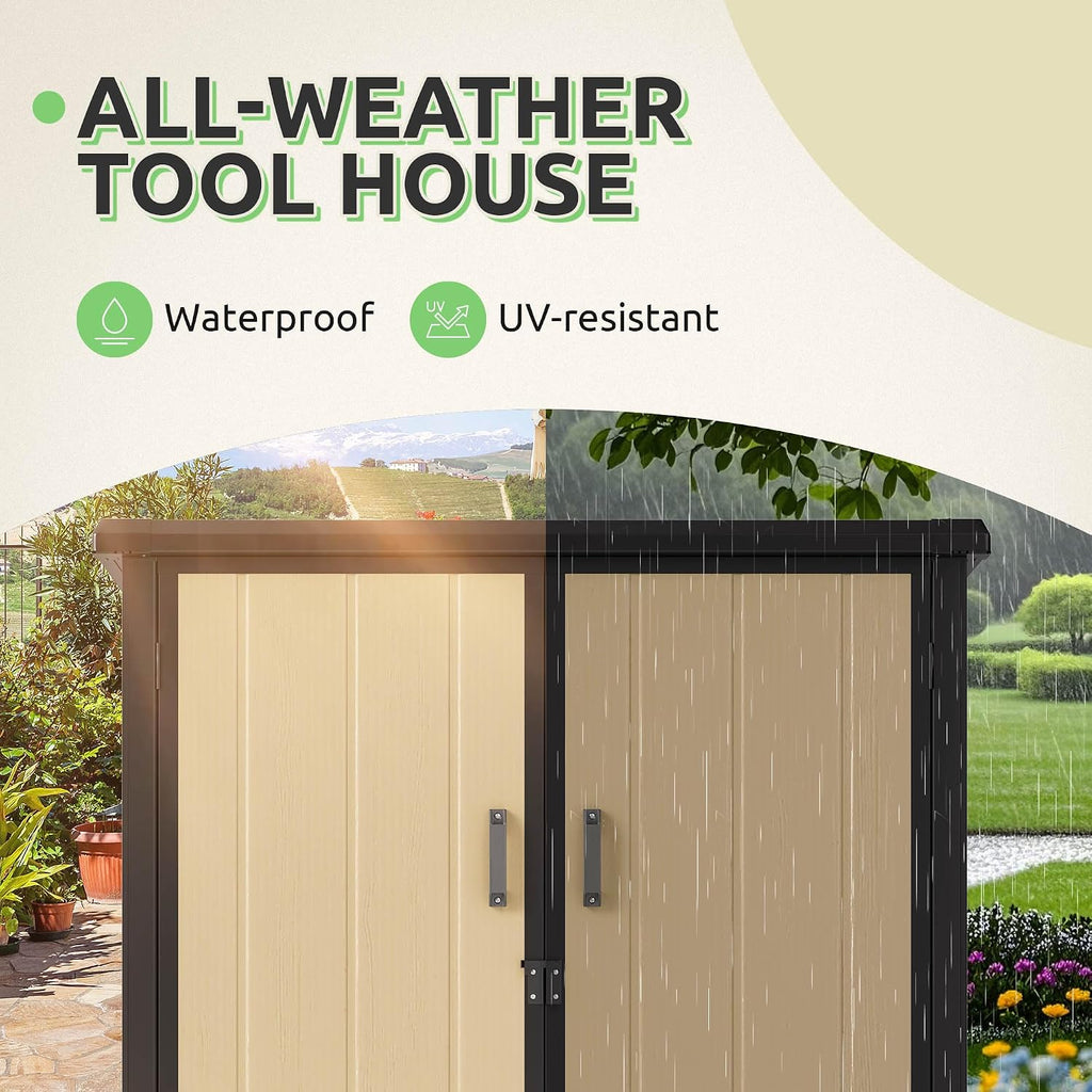 Outdoor Storage Shed with Adjustable Shelf, 54 Cu Ft Waterproof Vertical Resin Garden Tool Shed with Lockable Door & Sloping Roof, Plastic Tall Tool Cabinet for Backyard Garden Patio Lawn, Brown