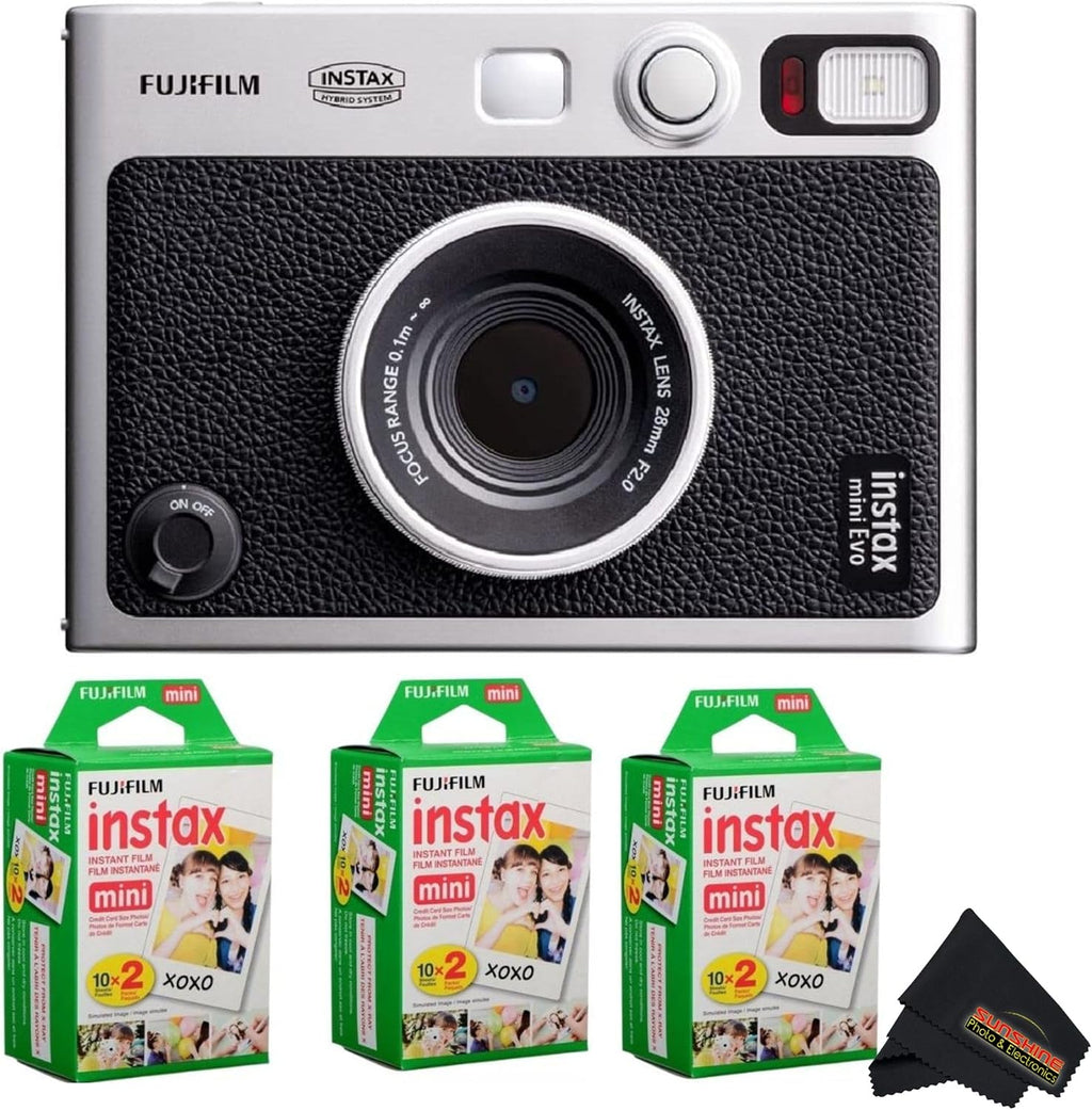 Fujifilm Instax Mini EVO Instant Camera with Sunshine Photo Microfiber Cleaning Cloth (Camera + 3 Twin Packs, Black)