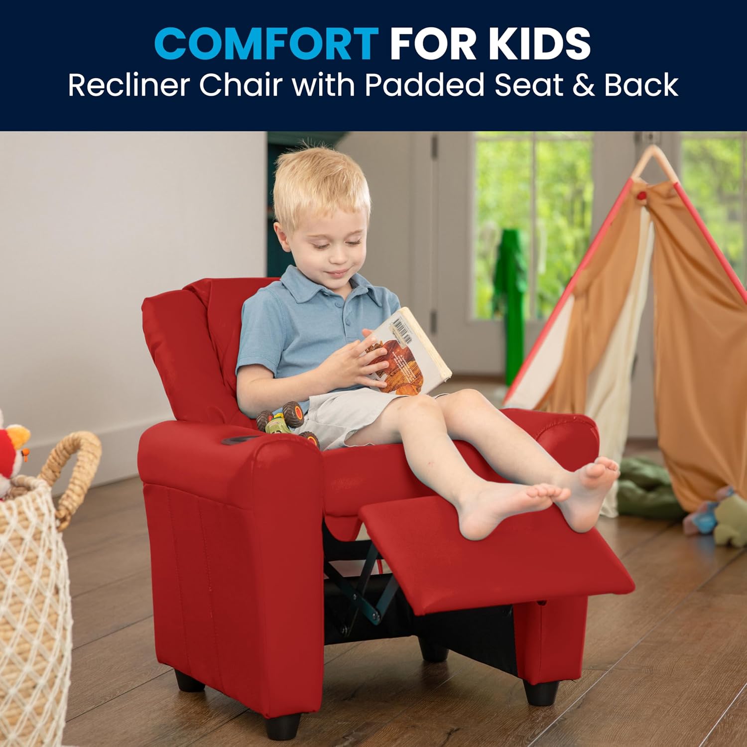 Flash Furniture Vana Vinyl Kids Recliner with Cup Holder, Headrest, and Safety Recline, Contemporary Reclining Chair for Kids, Supports up to 90 lbs., Red